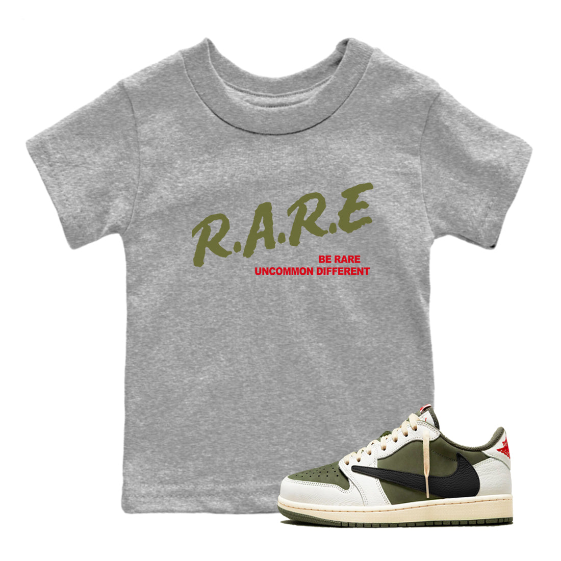 Be Rare Uncommon Different snkmatch Tees Kids - Air Jordan 1 Travis Scott Medium Olive