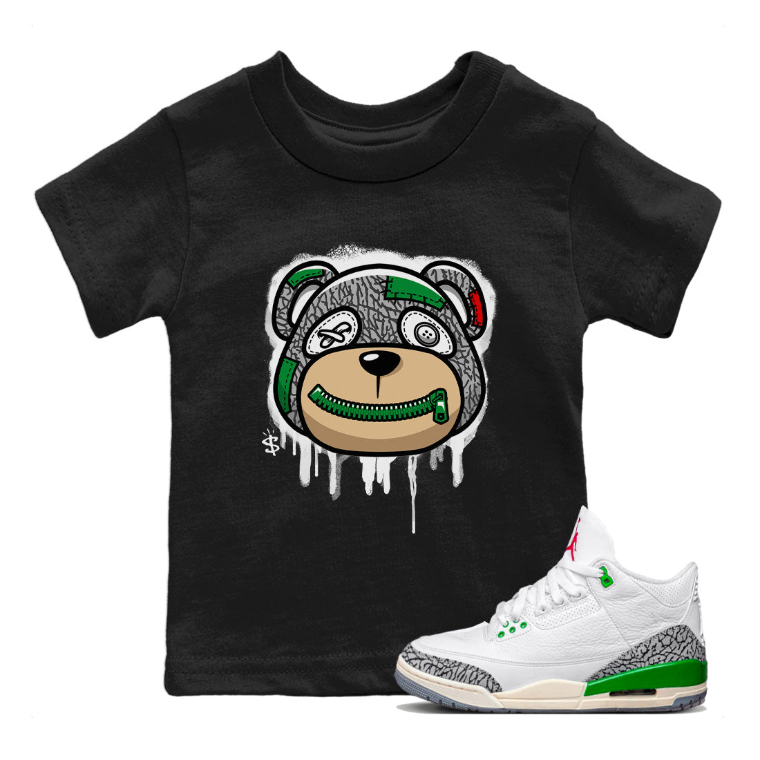 Bear Face Kids Tops - Air Jordan 3 Lucky Green