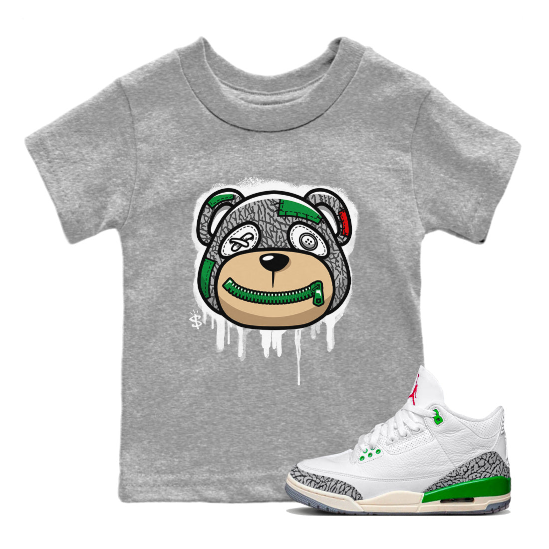 Bear Face Kids Tops - Air Jordan 3 Lucky Green