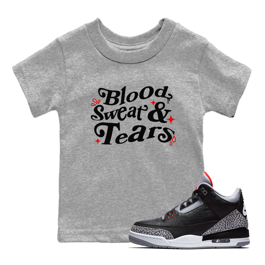 Blood Sweat Tears snkmatch Tees Kids - Air Jordan 3 Black Cement