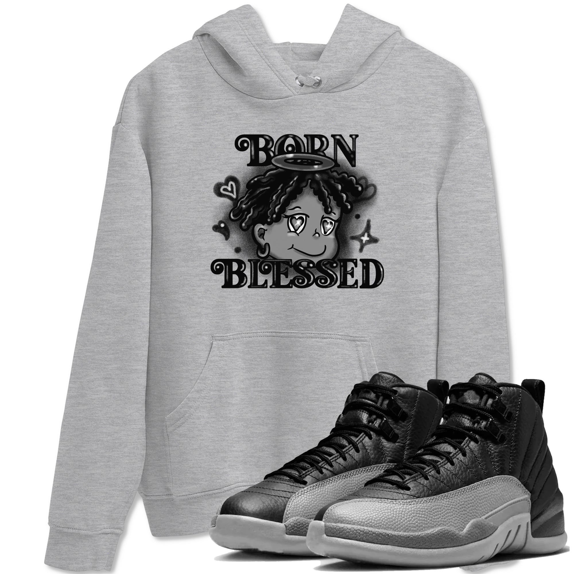 Born Blessed snkmatch Tees - Air Jordan 12 Black Wolf Grey