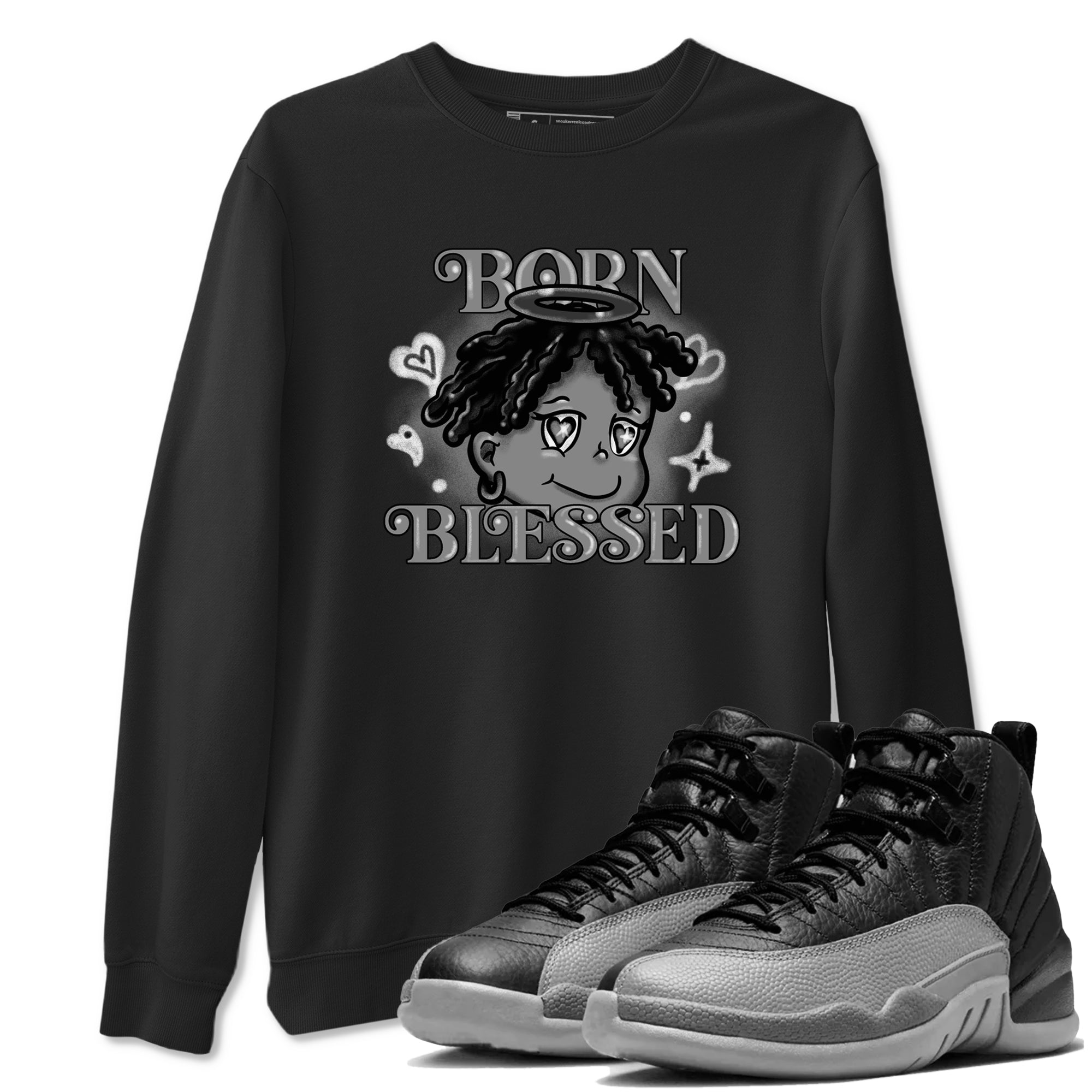 Born Blessed snkmatch Tees - Air Jordan 12 Black Wolf Grey