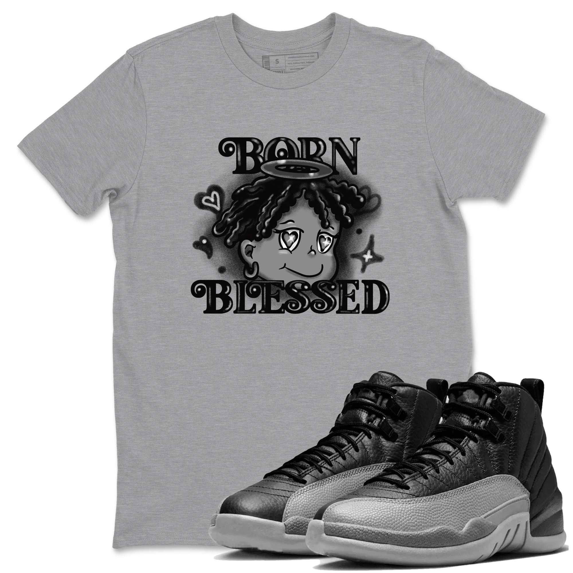 Born Blessed snkmatch Tees - Air Jordan 12 Black Wolf Grey