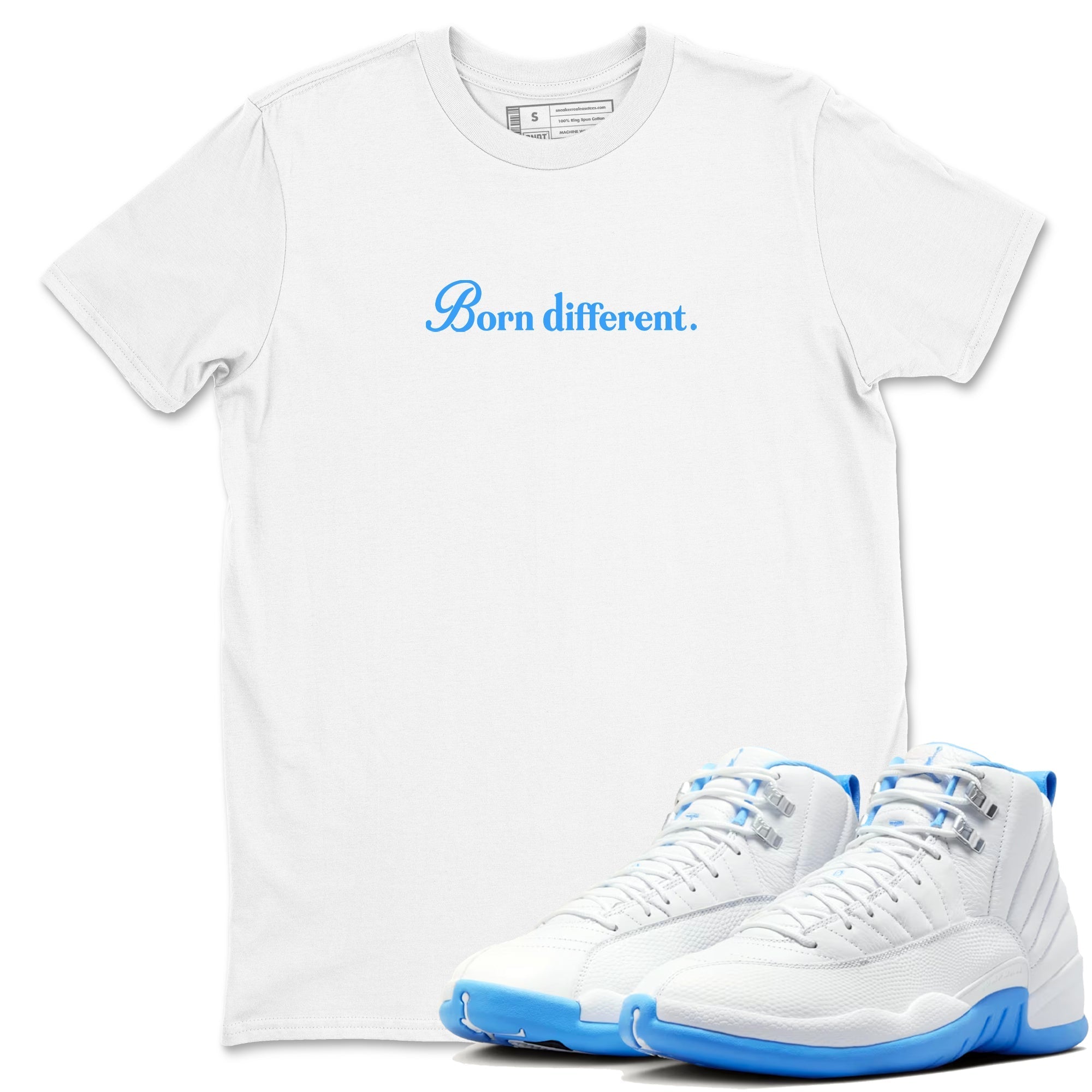 Born Different snkmatch Tees - Air Jordan 12 White and University Blue