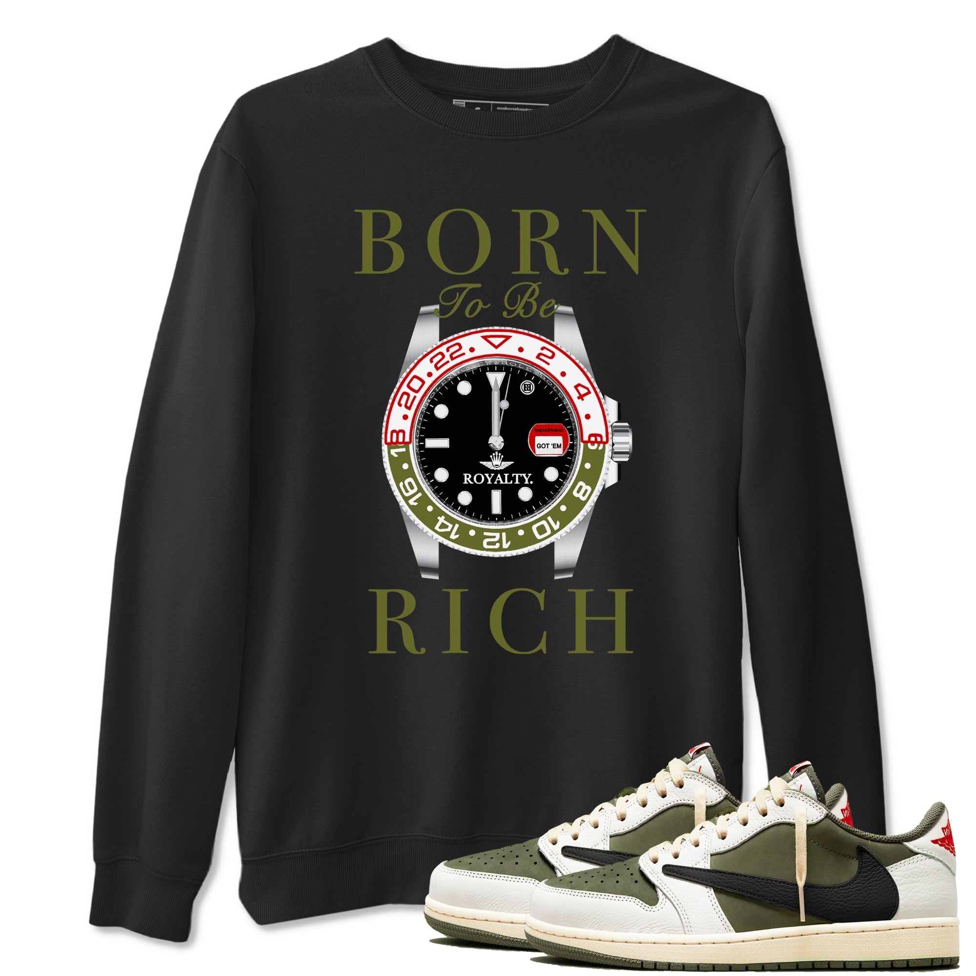 Born To Be Rich snkmatch Tees - Air Jordan 1 Travis Scott Medium Olive