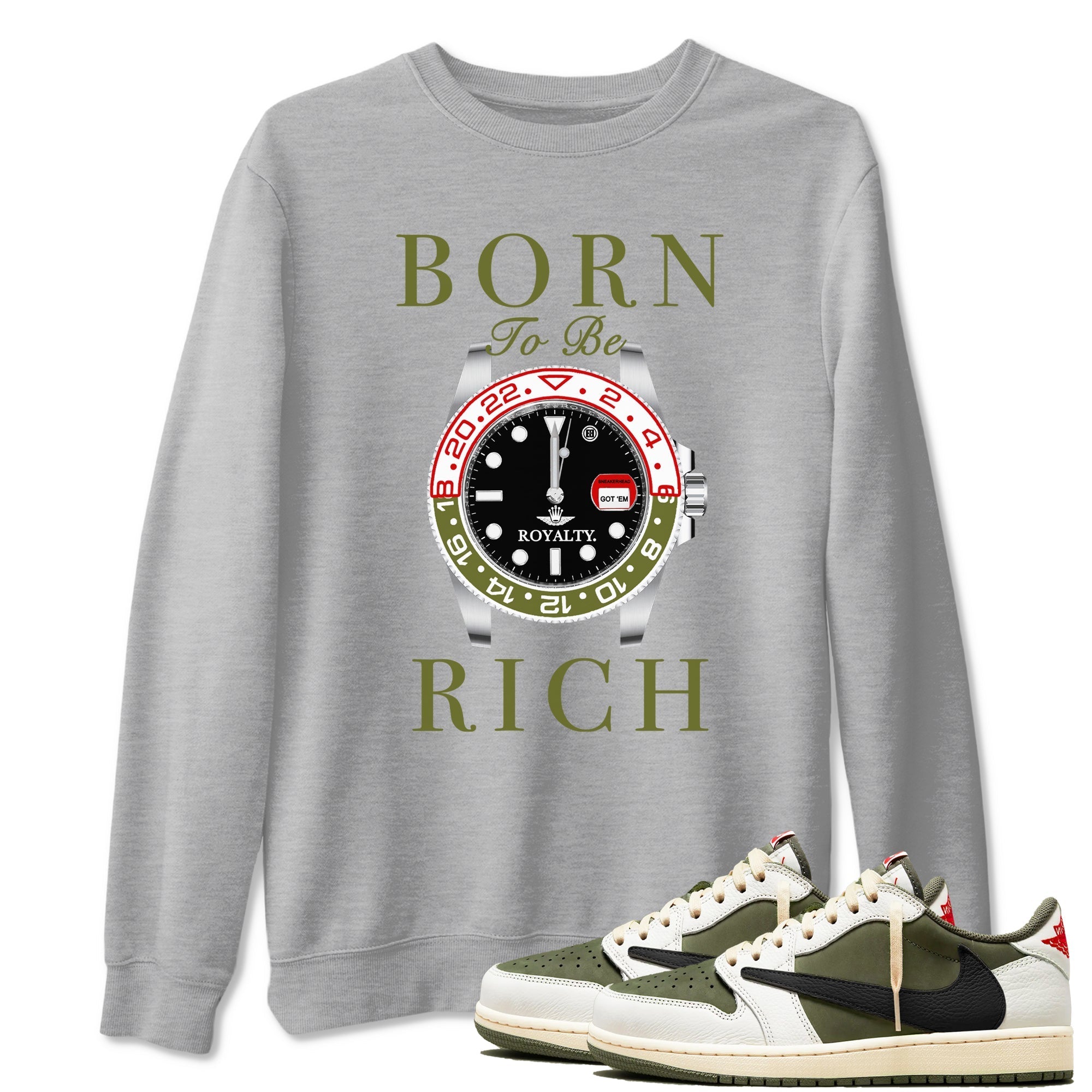 Born To Be Rich snkmatch Tees - Air Jordan 1 Travis Scott Medium Olive