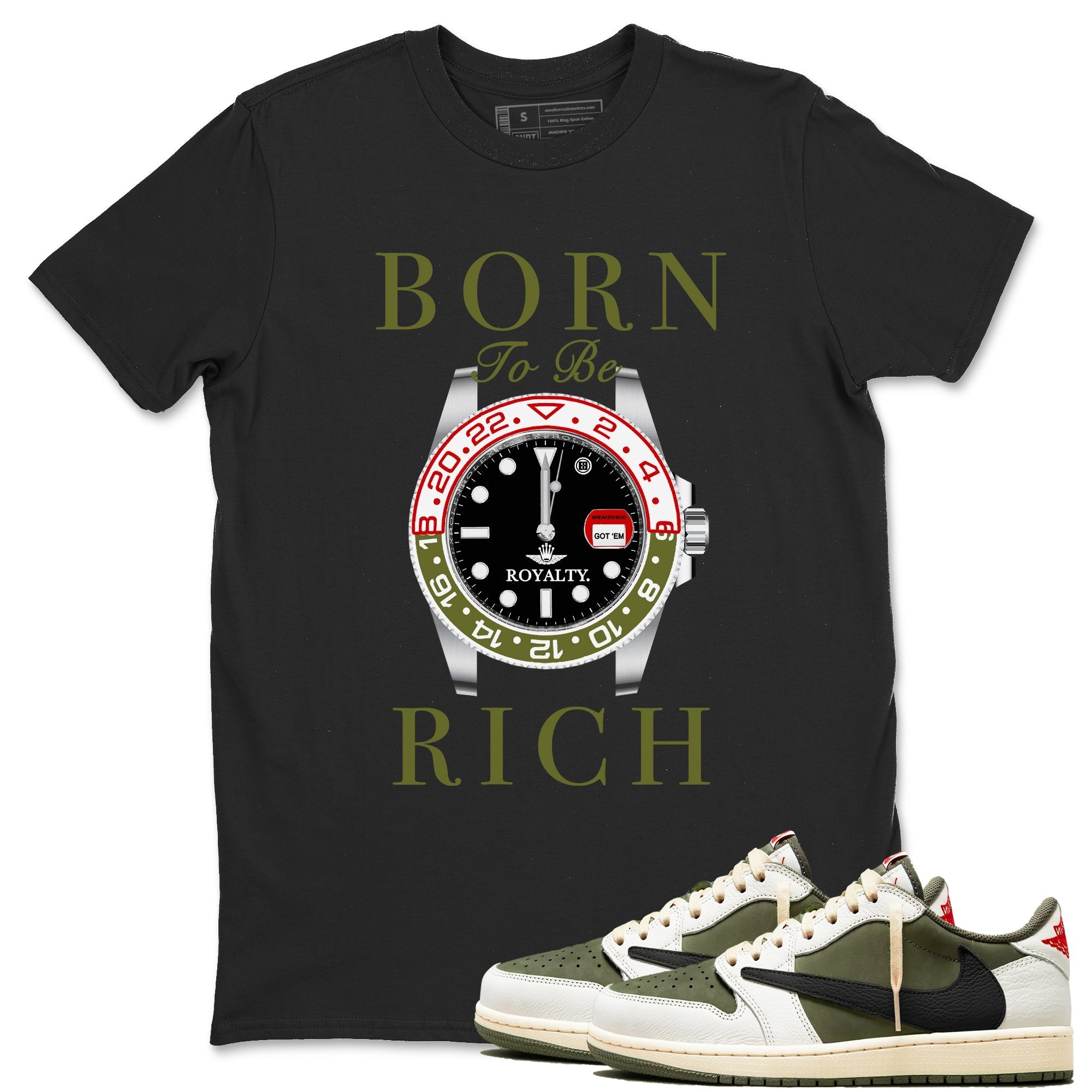 Born To Be Rich snkmatch Tees - Air Jordan 1 Travis Scott Medium Olive