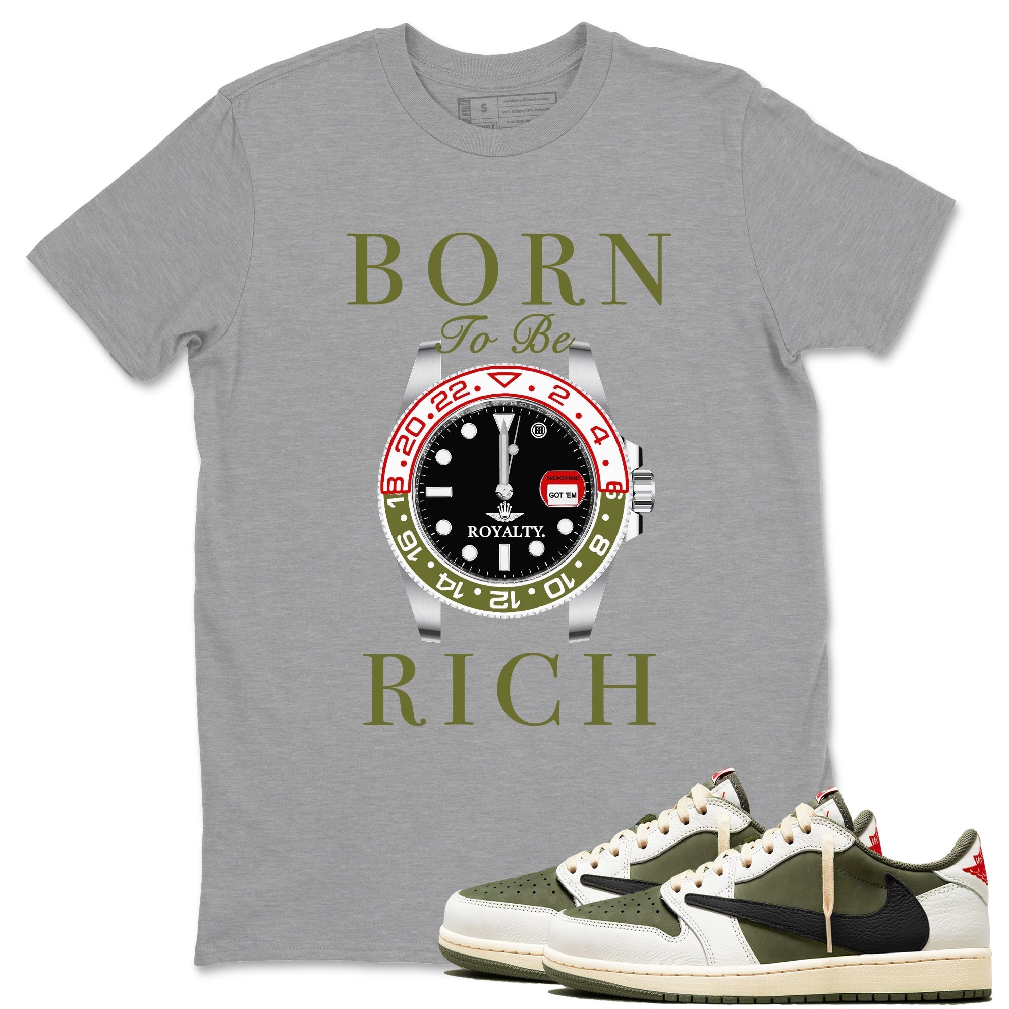 Born To Be Rich snkmatch Tees - Air Jordan 1 Travis Scott Medium Olive