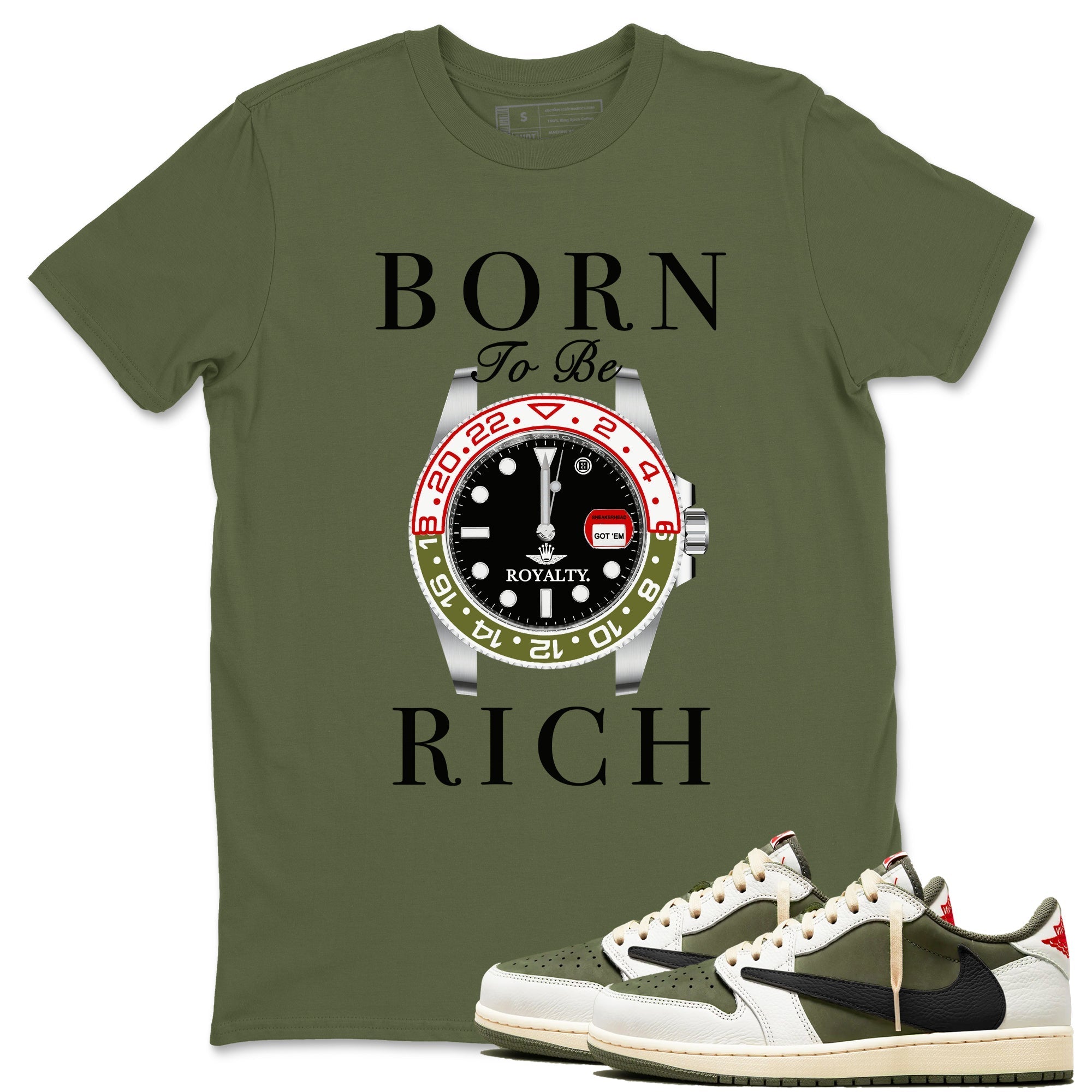 Born To Be Rich snkmatch Tees - Air Jordan 1 Travis Scott Medium Olive