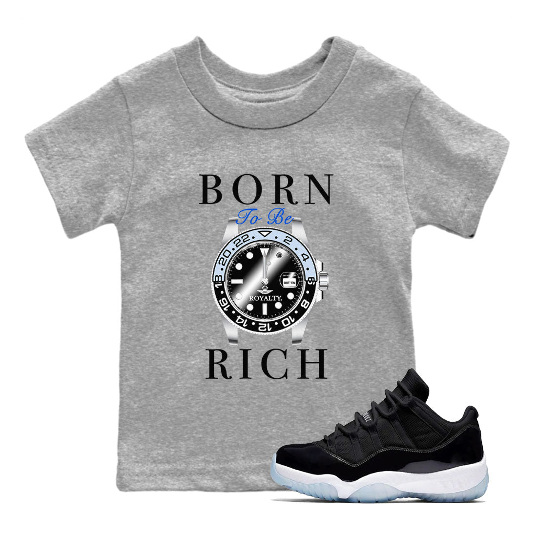 Born To Be Rich snkmatch Tees Kids - Air Jordan 11 Black and Varsity Royal