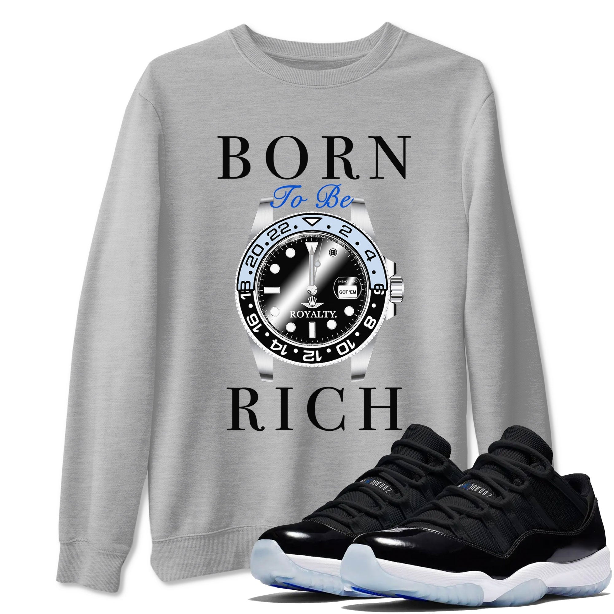 Born To Be Rich snkmatch Tees - Air Jordan 11 Black and Varsity Royal