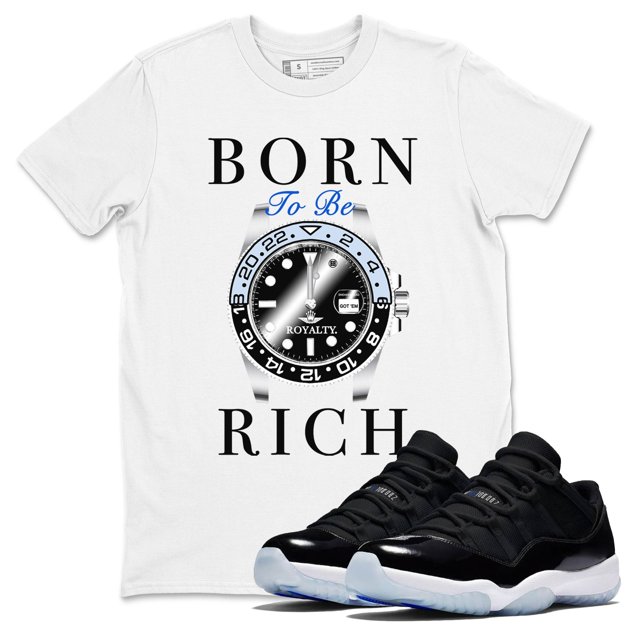 Born To Be Rich snkmatch Tees - Air Jordan 11 Black and Varsity Royal