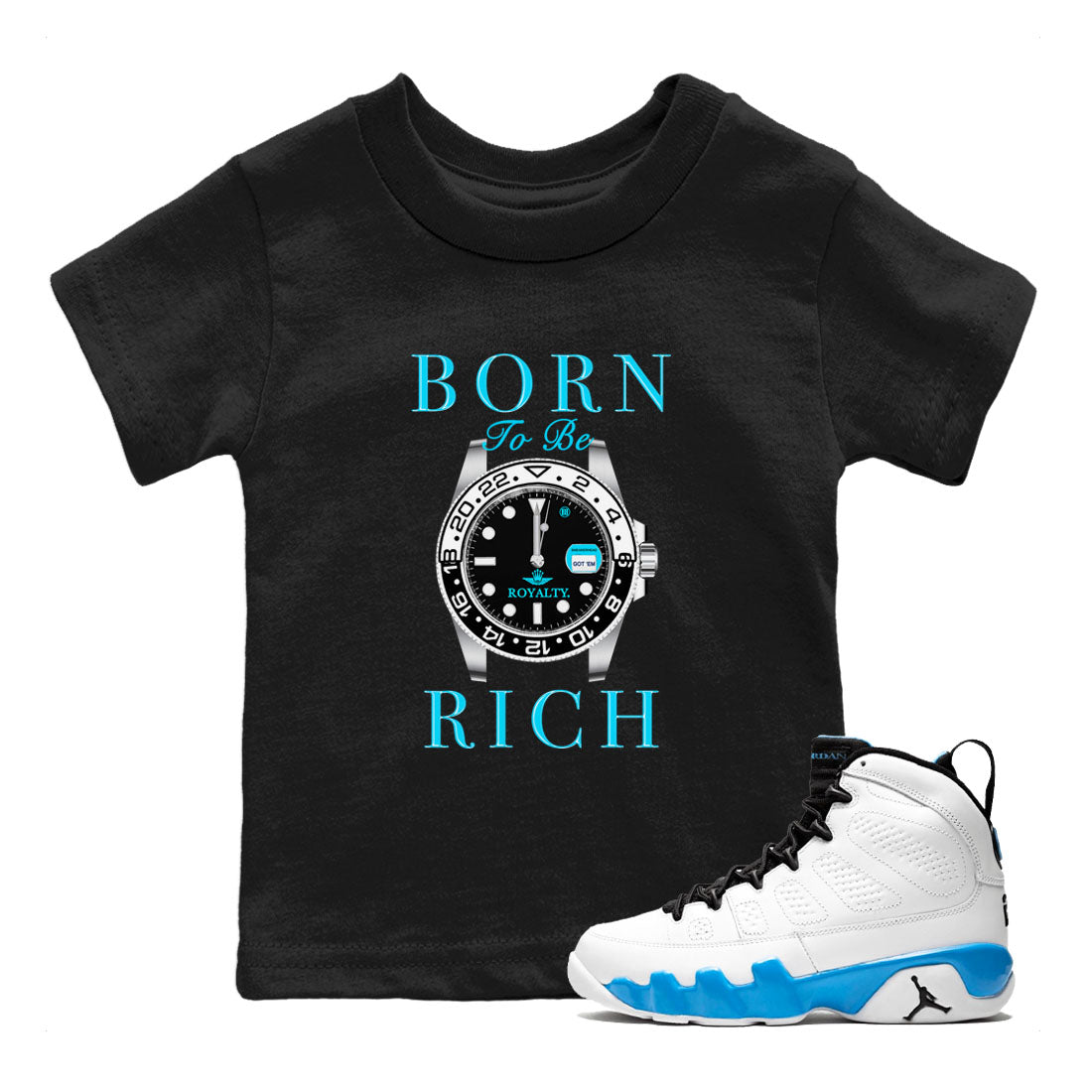 Born To Be Rich snkmatch Tees Kids - Air Jordan 9 Powder Blue