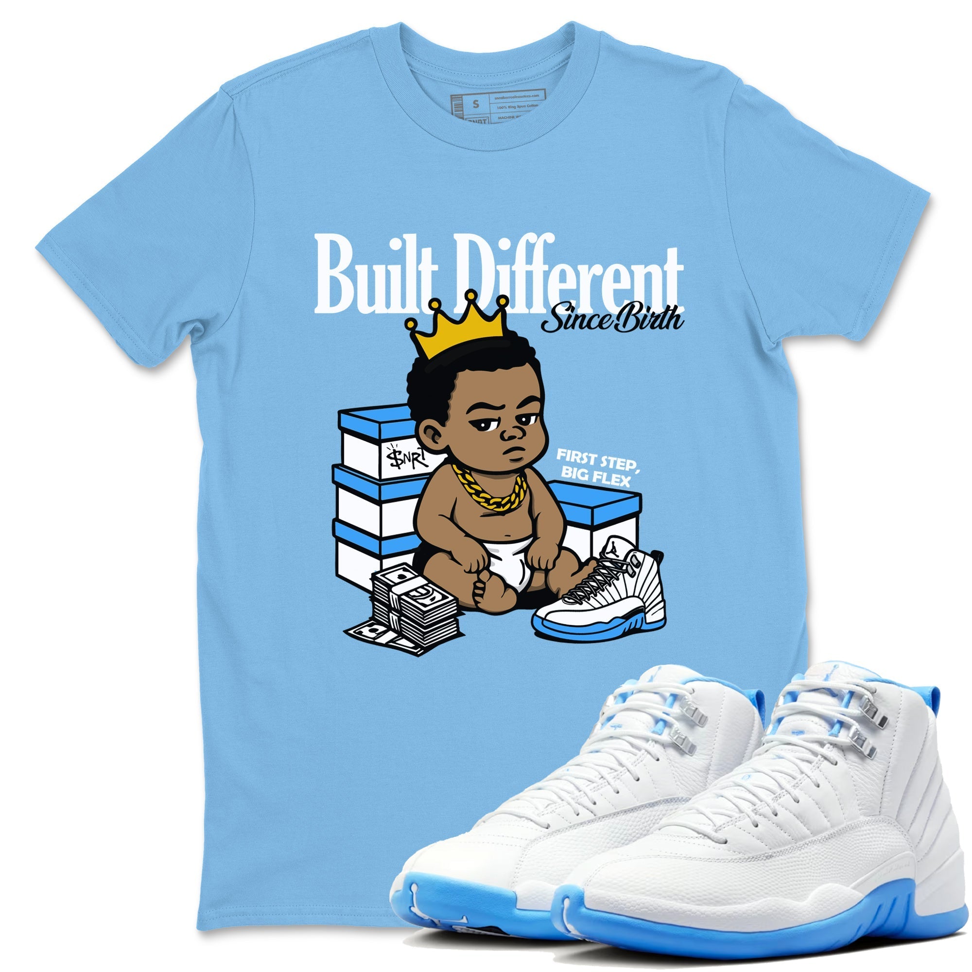 Built Different Since Birth snkmatch Tees - Air Jordan 12 White and University Blue