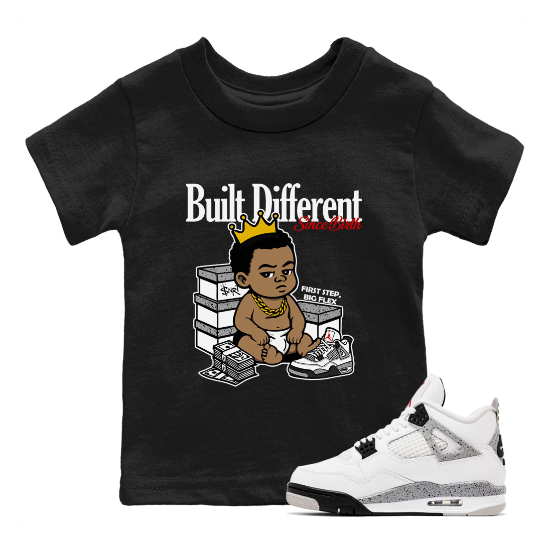 Built Different Since Birth snkmatch Tees Kids - Air Jordan 4 White Cement
