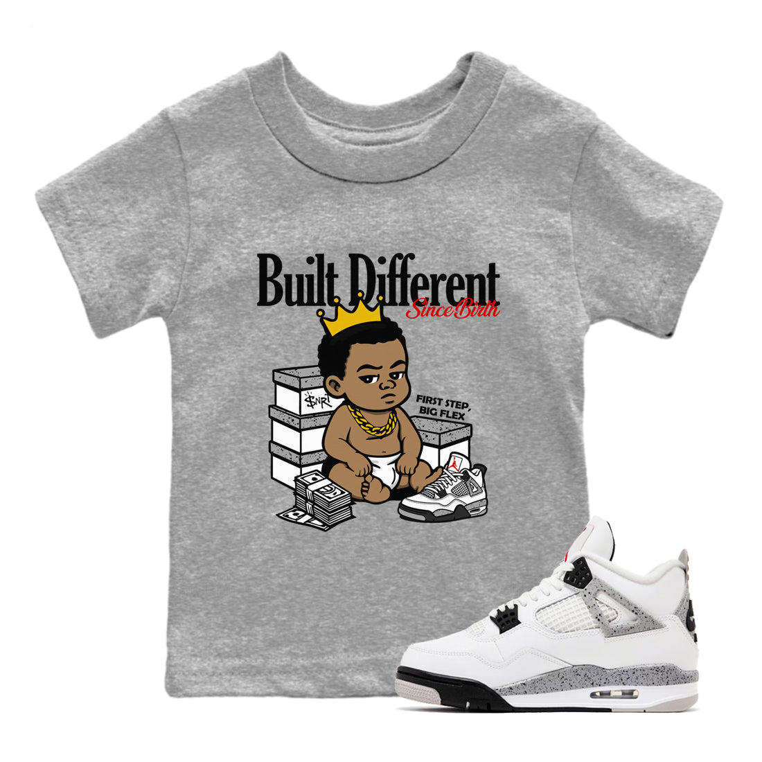 Built Different Since Birth snkmatch Tees Kids - Air Jordan 4 White Cement
