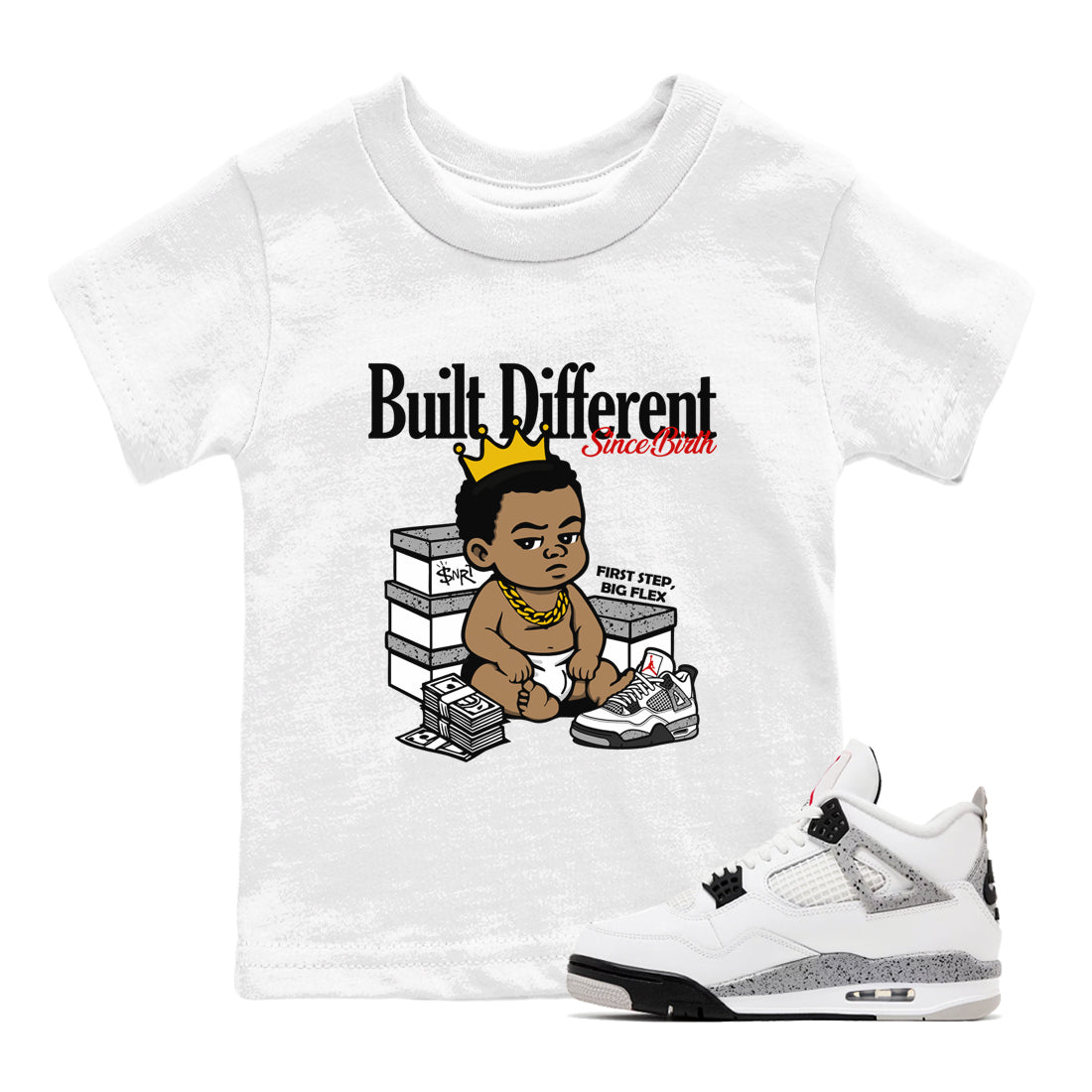 Built Different Since Birth snkmatch Tees Kids - Air Jordan 4 White Cement
