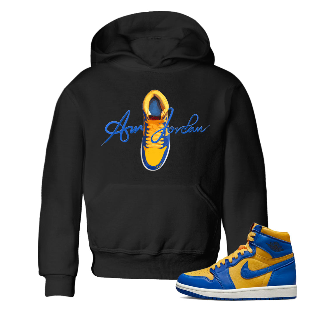 Caligraphy Shoe Lace Kids Tops - Air Jordan 1 Game Royal Varsity Maize