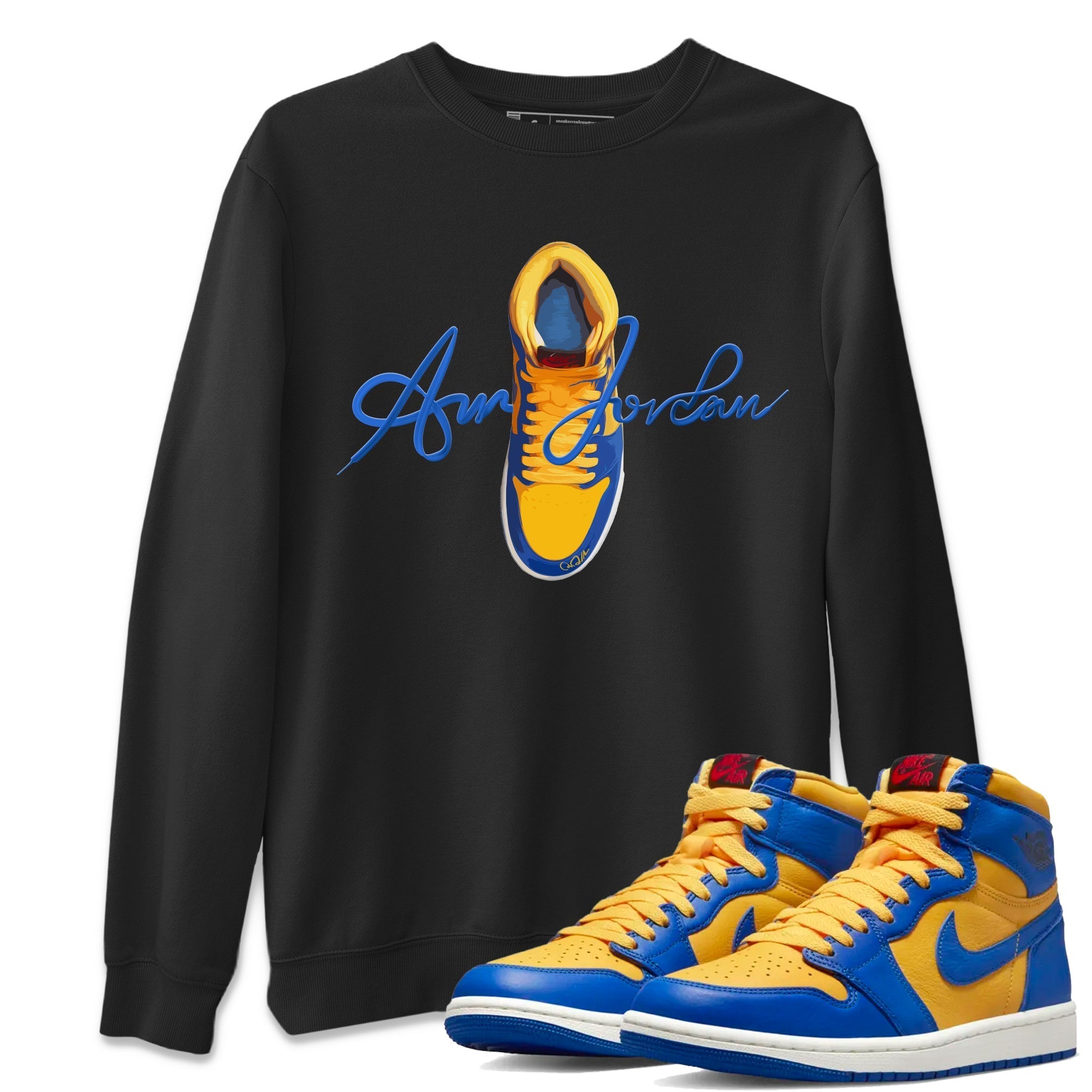 Caligraphy Shoe Lace Unisex Tops - Air Jordan 1 Game Royal Varsity Maize