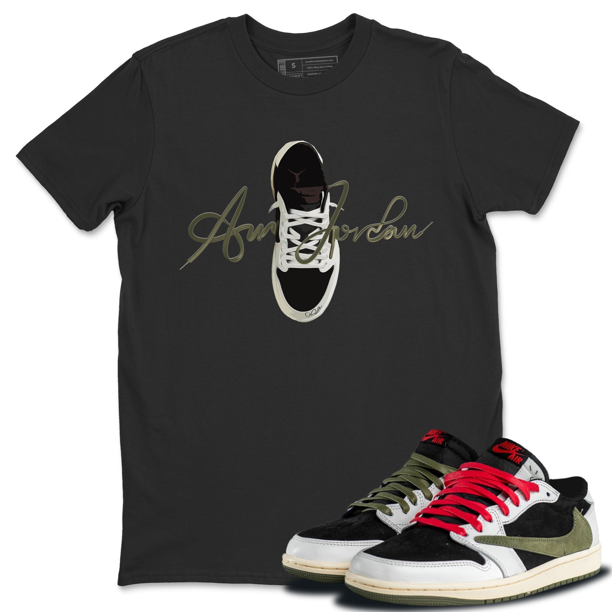Caligraphy Shoe Lace Unisex Tops - Air Jordan 1 Travis Scott Olive