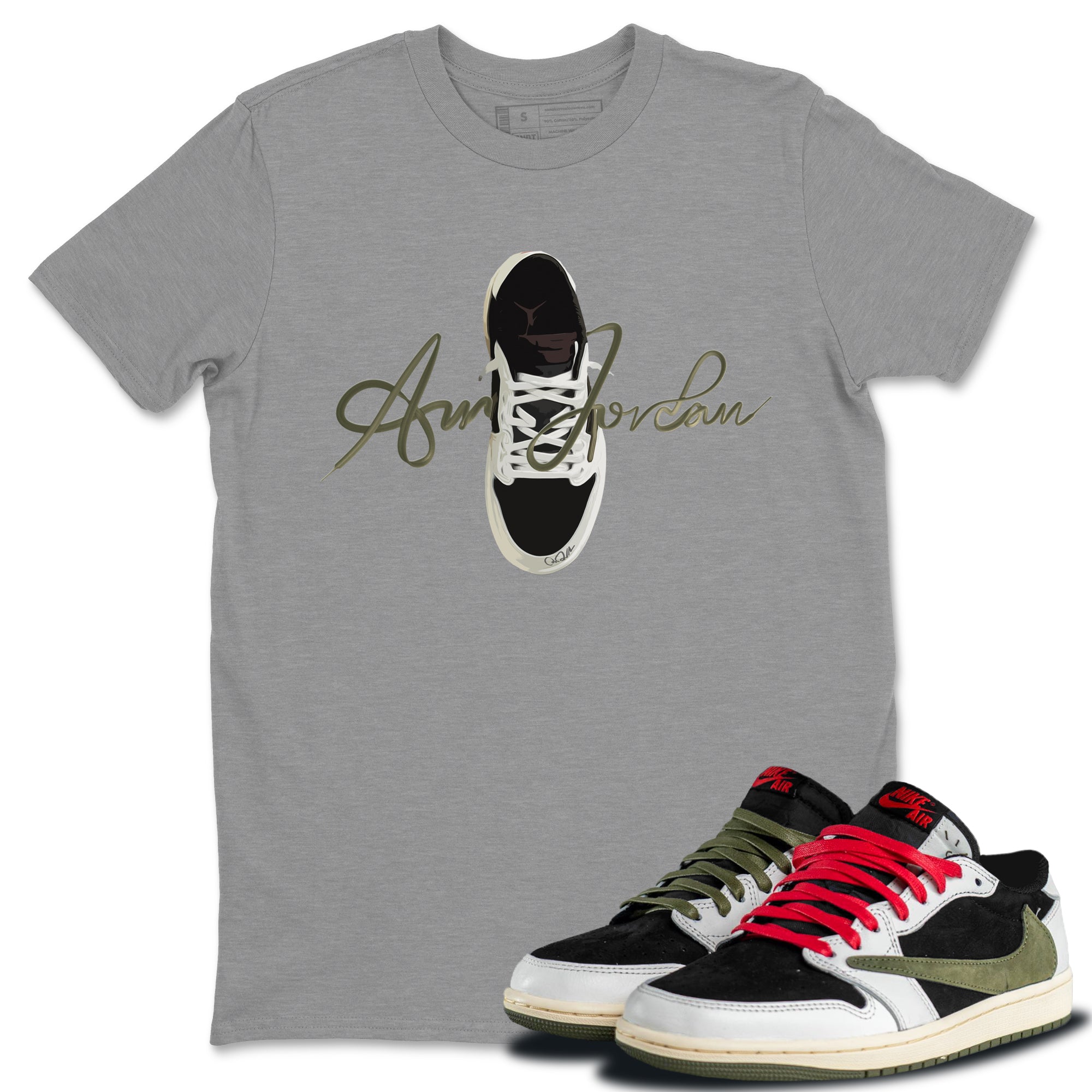 Caligraphy Shoe Lace Unisex Tops - Air Jordan 1 Travis Scott Olive
