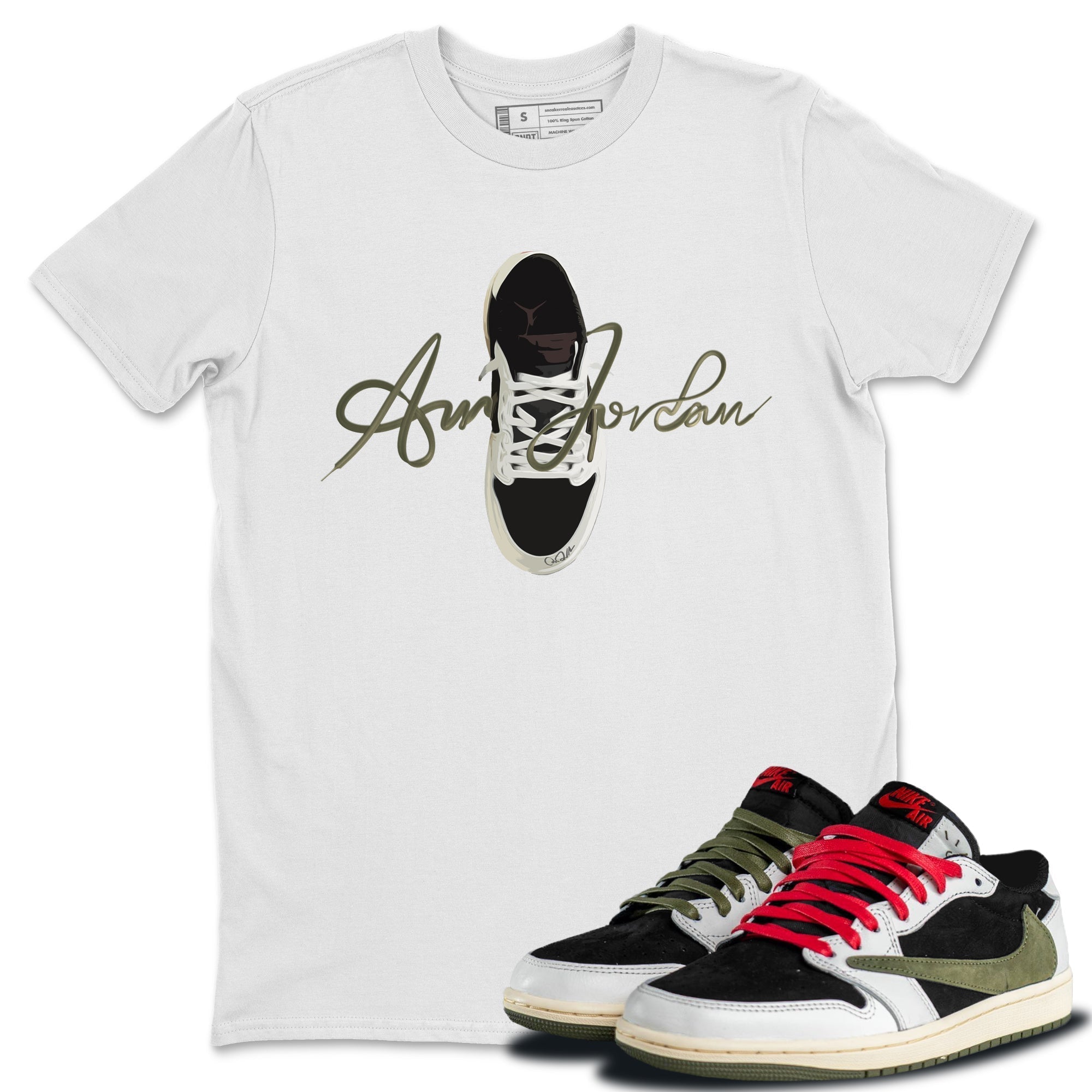 Caligraphy Shoe Lace Unisex Tops - Air Jordan 1 Travis Scott Olive