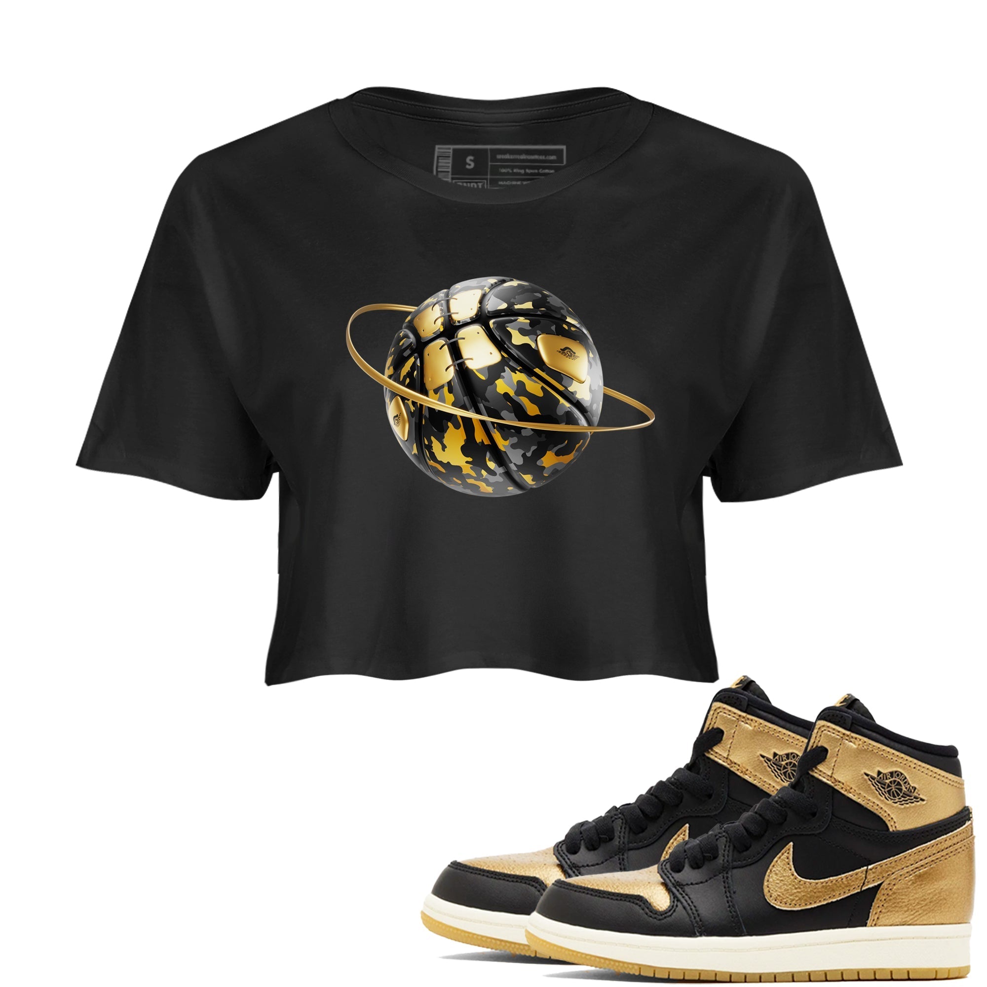 Camo Basketball Planet snkmatch Women's Top - Air Jordan 1 Black Metallic Gold