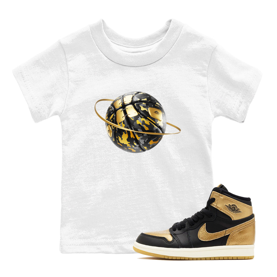 Camo Basketball Planet snkmatch Tees Kids - Air Jordan 1 Black Metallic Gold