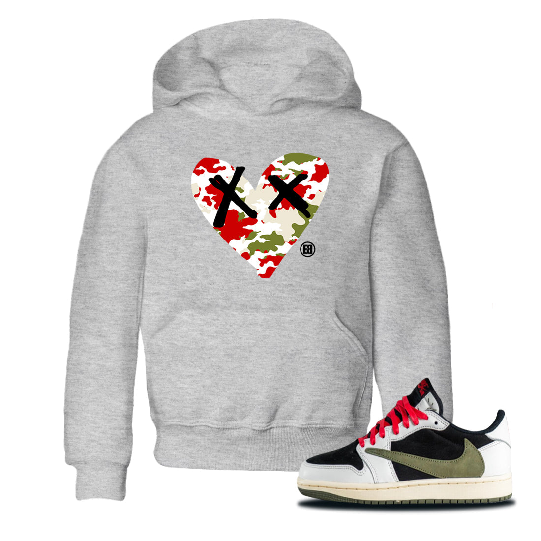 Camo Heart snkmatch Tees Kids - Air Jordan 1 Travis Scott Olive