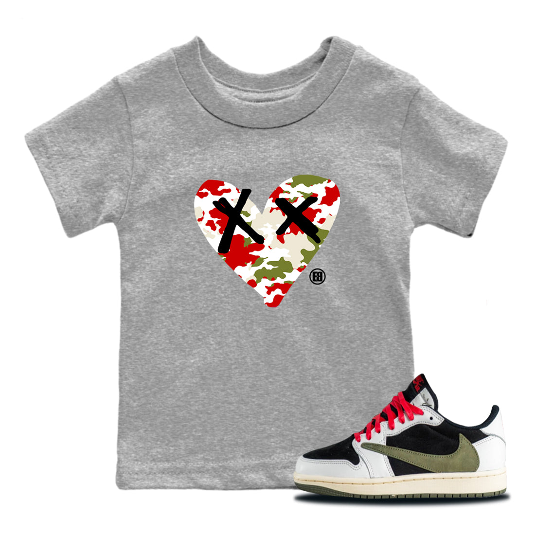 Camo Heart snkmatch Tees Kids - Air Jordan 1 Travis Scott Olive