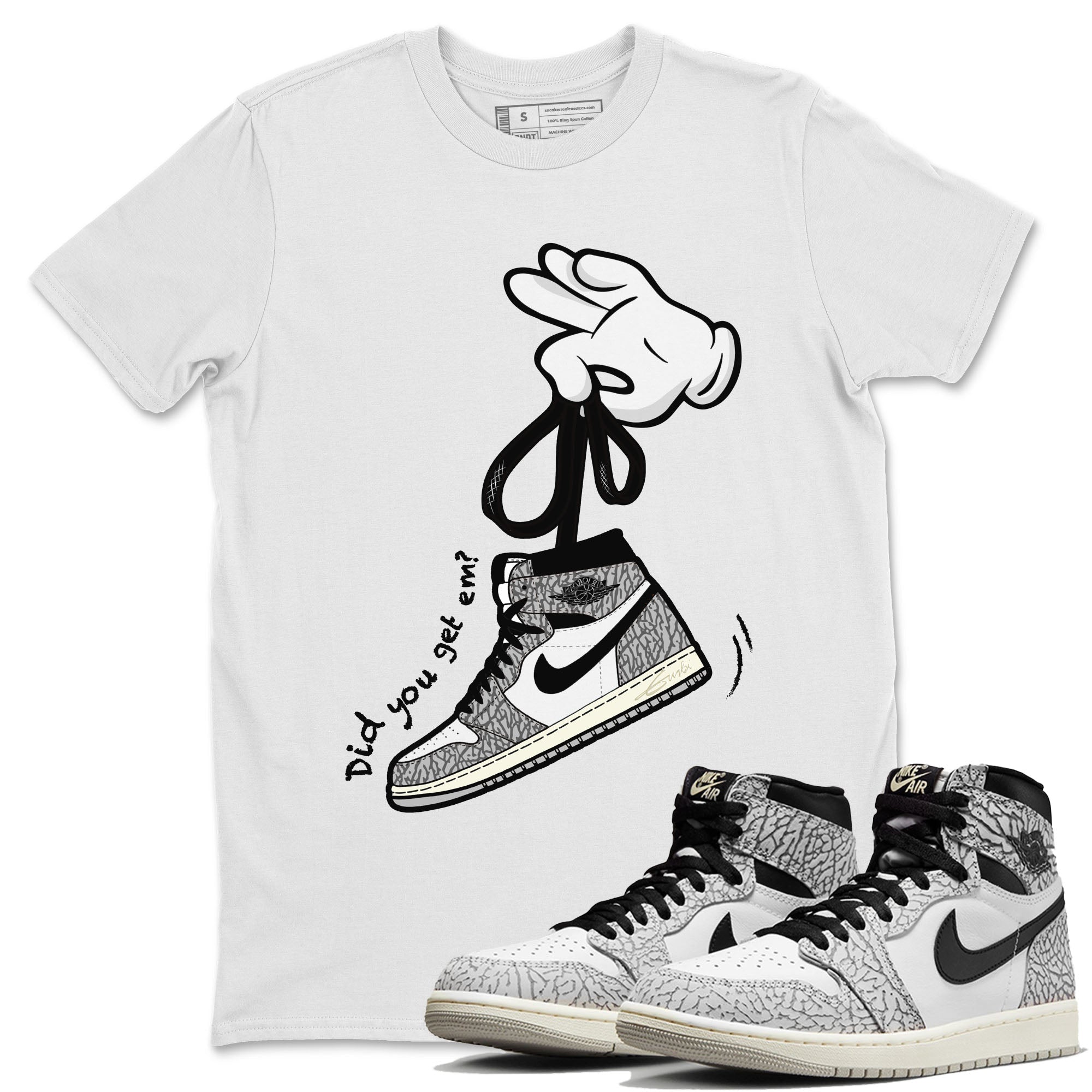Cartoon Hands Unisex Tops - Air Jordan 1 White Cement