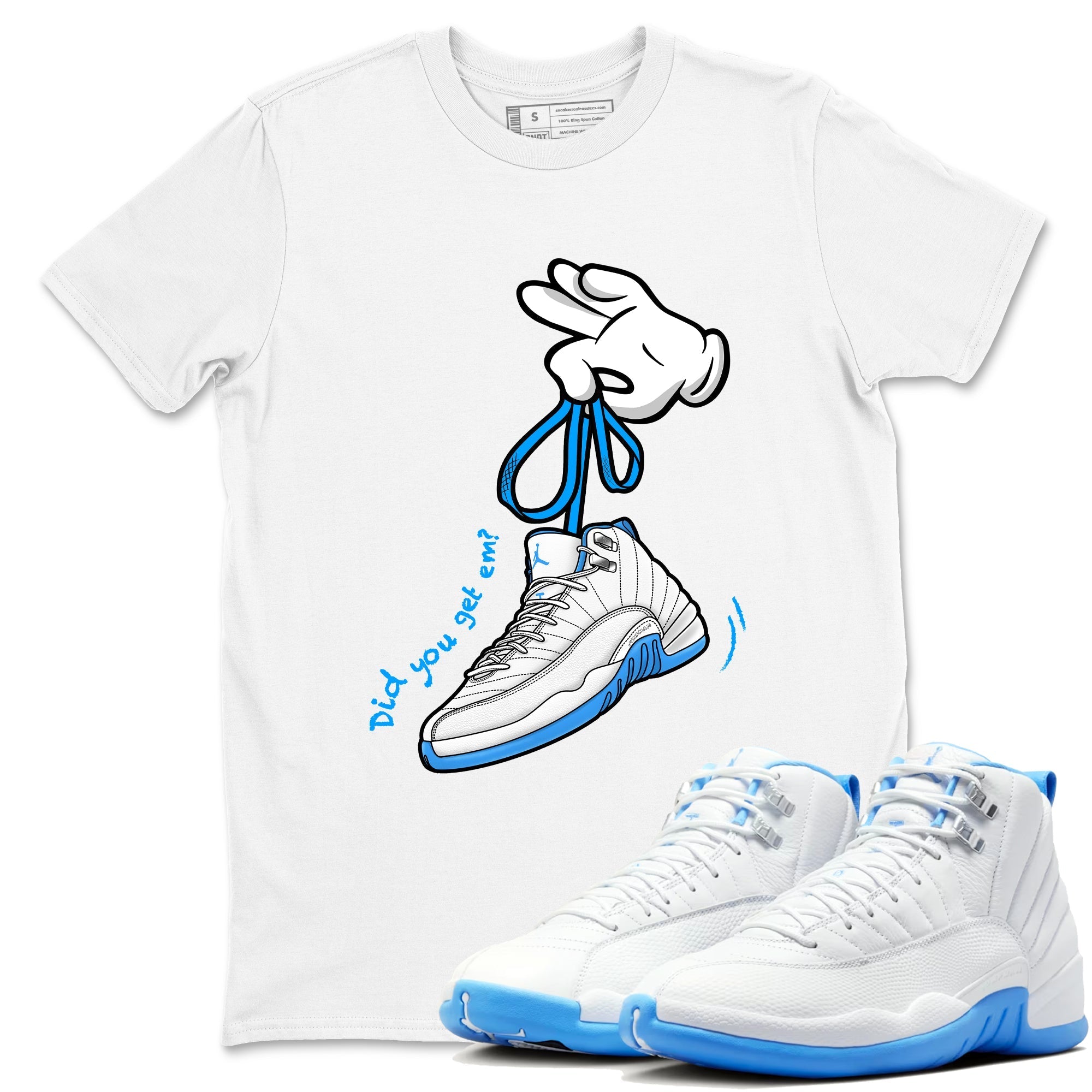 Cartoon Hands snkmatch Tees - Air Jordan 12 White and University Blue