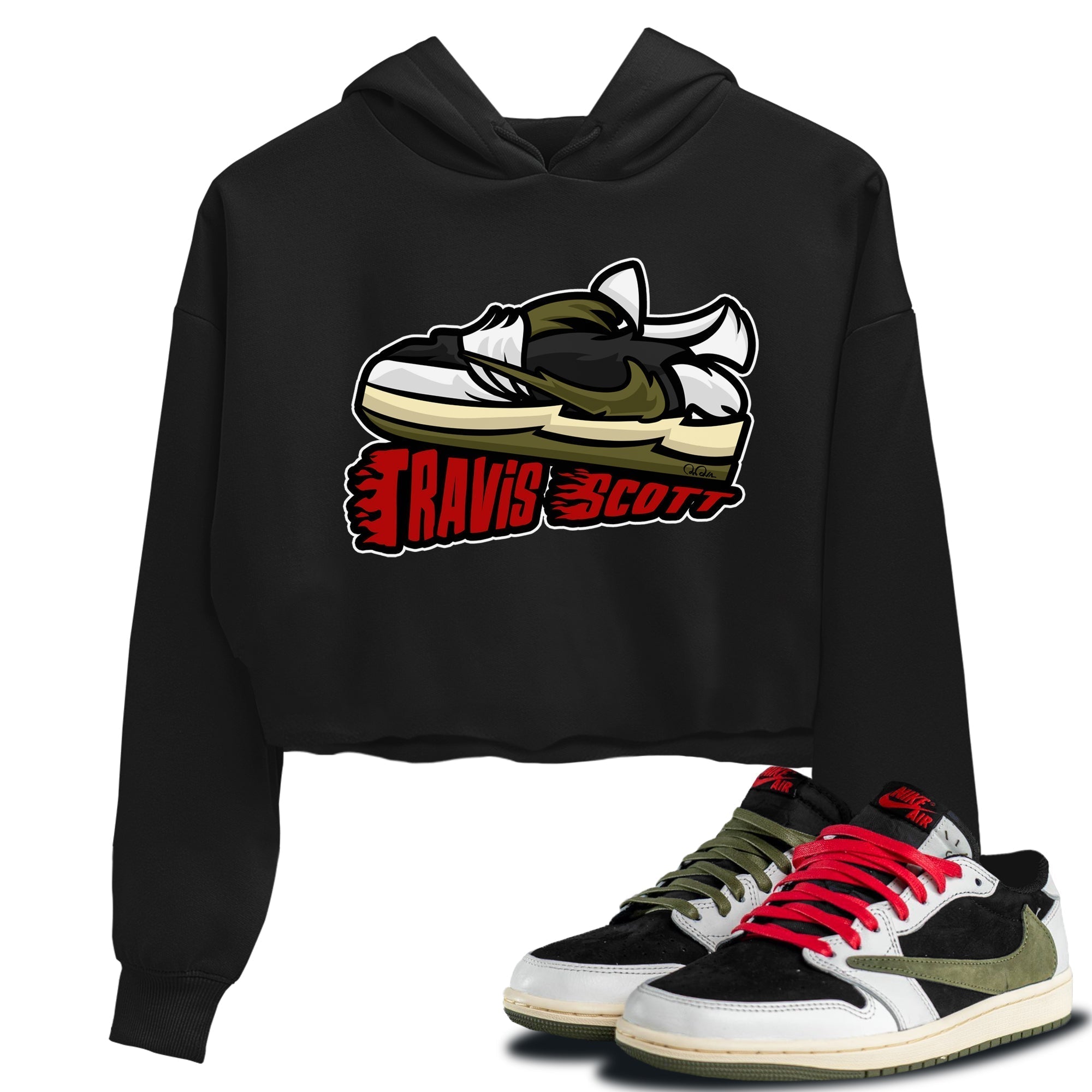 Cartoon Shoes Women's Tops - Air Jordan 1 Travis Scott Olive