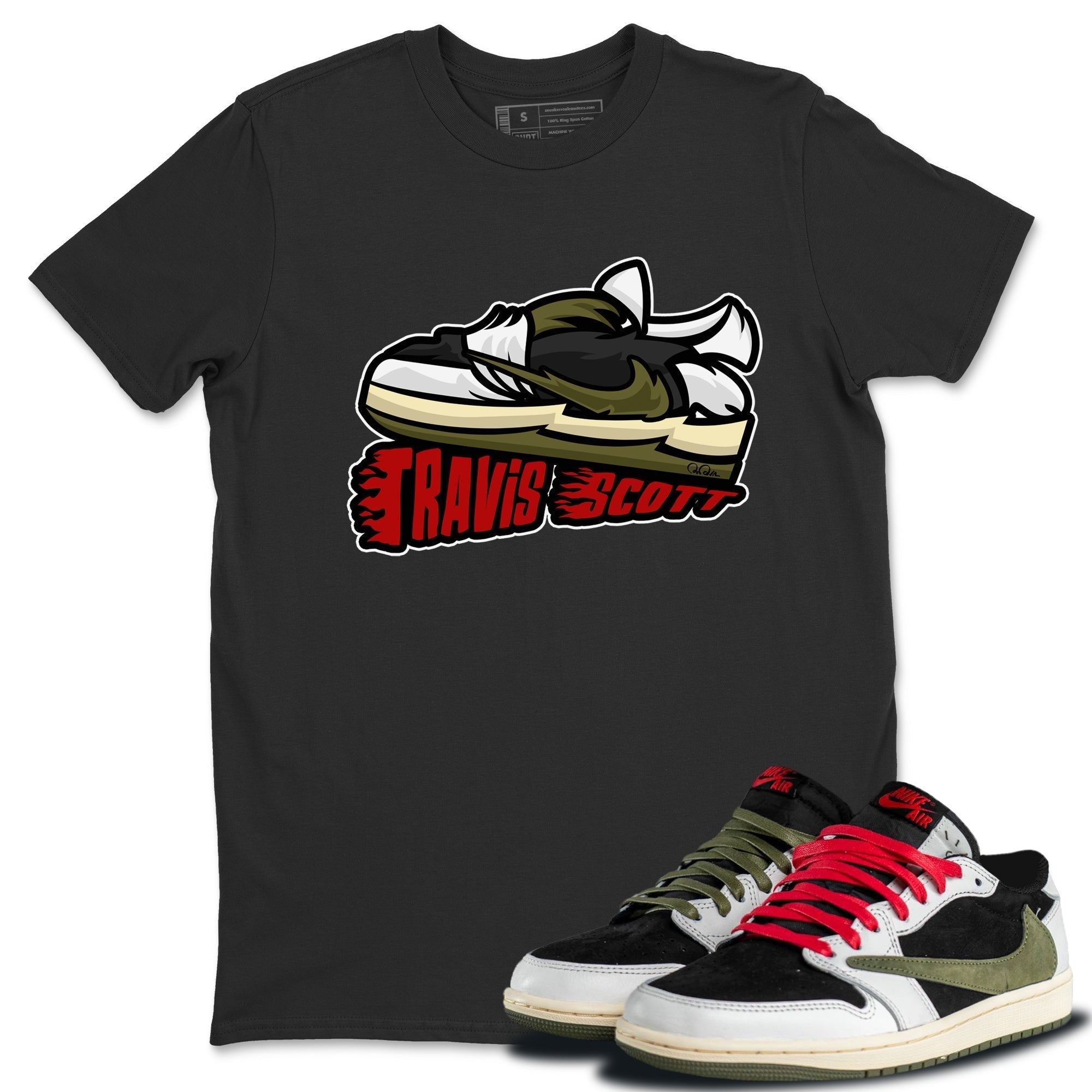 Cartoon Shoes Unisex Tops - Air Jordan 1 Travis Scott Olive