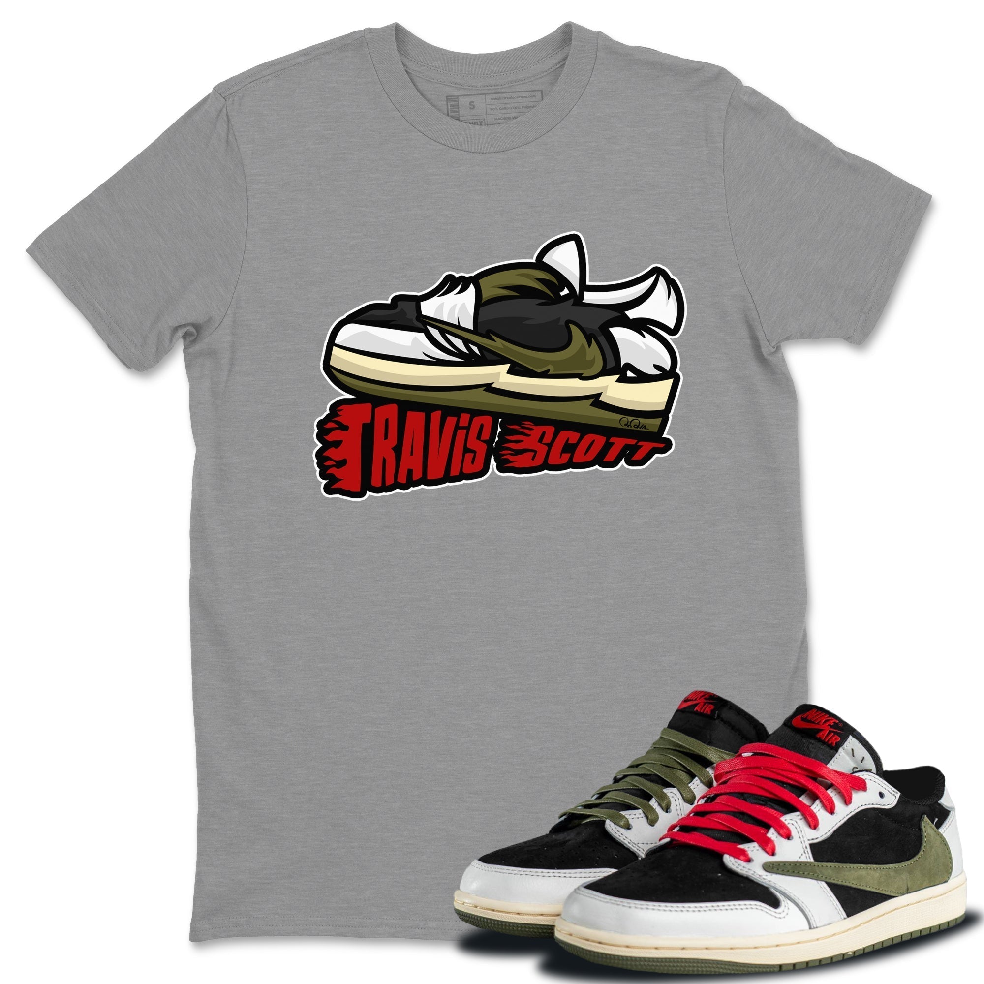 Cartoon Shoes Unisex Tops - Air Jordan 1 Travis Scott Olive