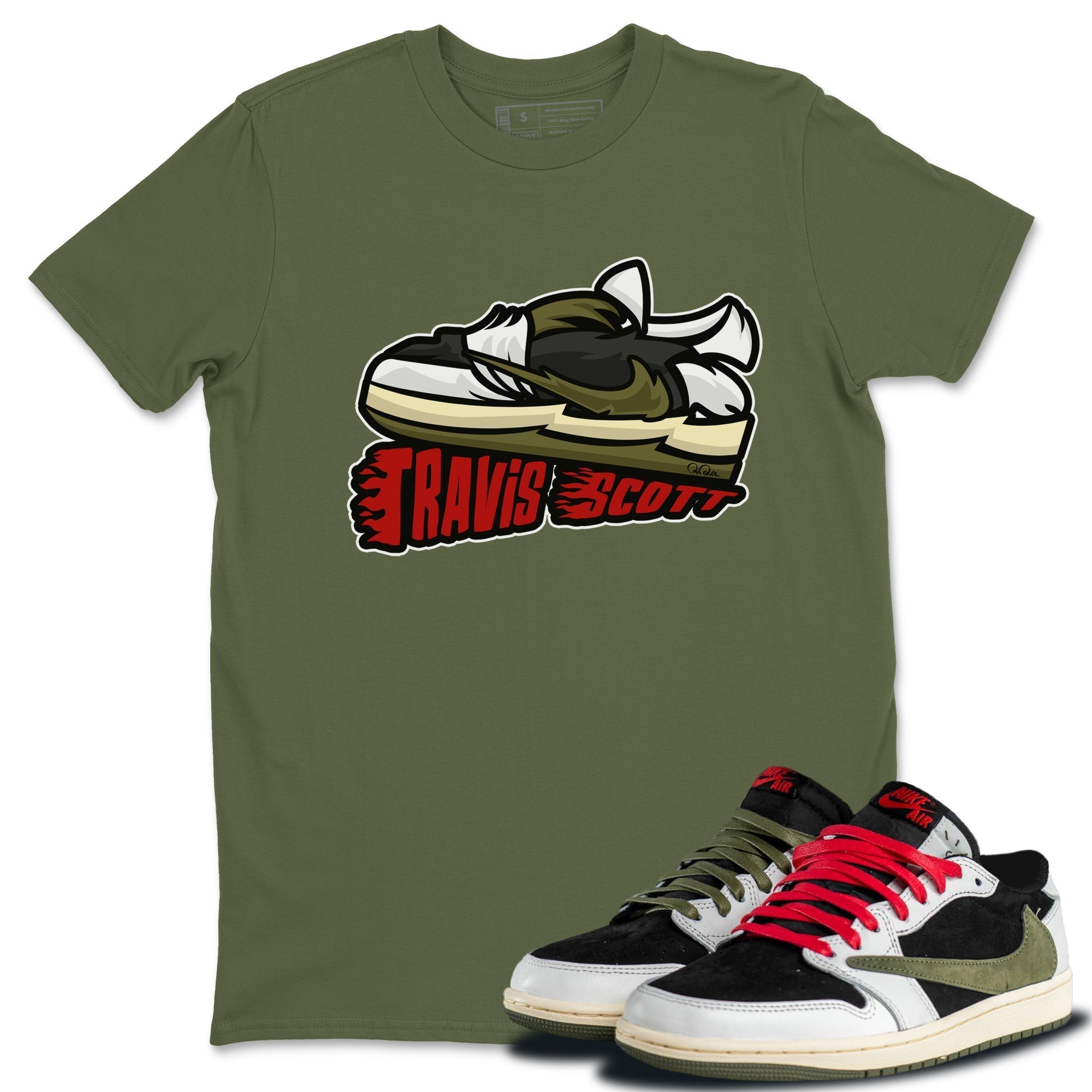 Cartoon Shoes Unisex Tops - Air Jordan 1 Travis Scott Olive