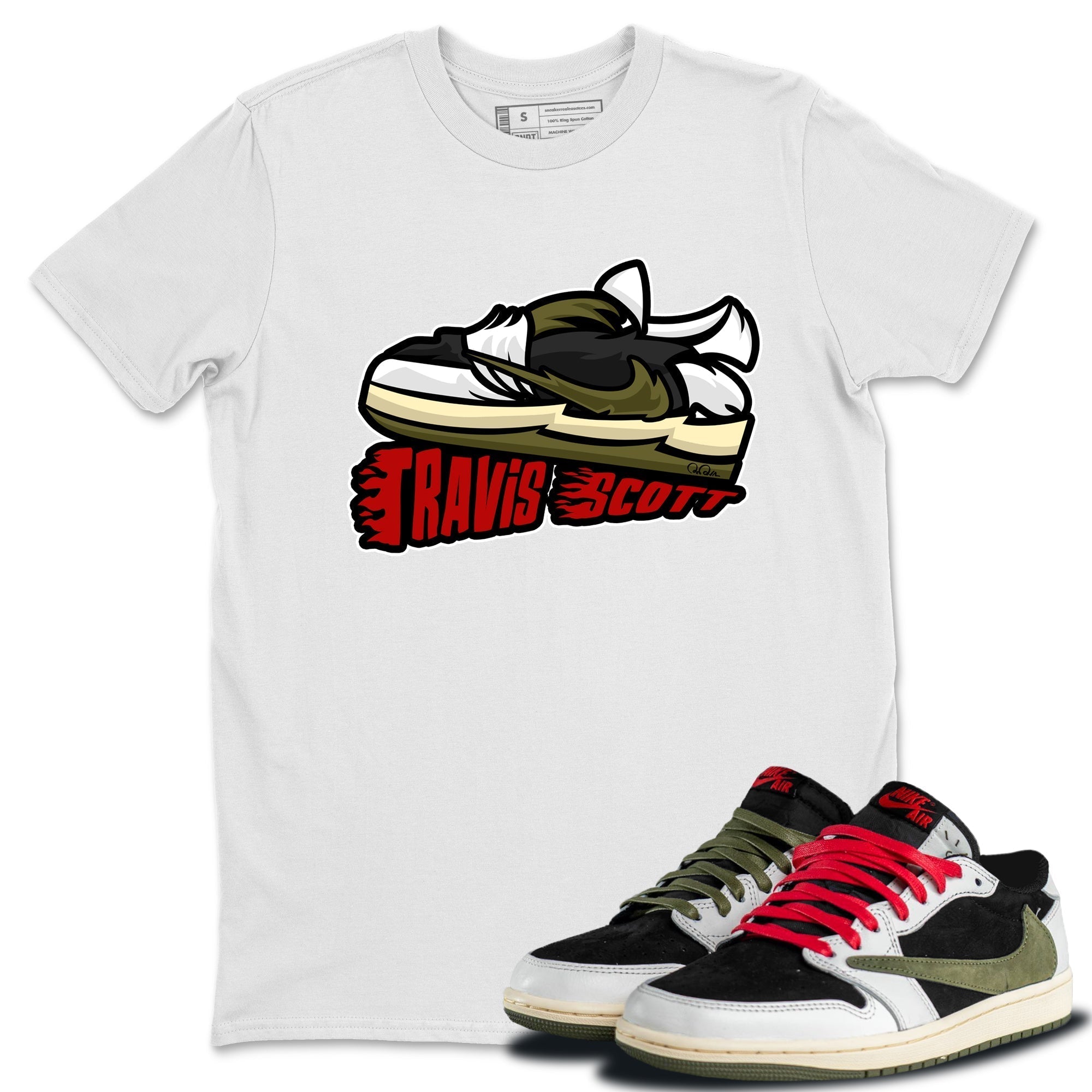 Cartoon Shoes Unisex Tops - Air Jordan 1 Travis Scott Olive