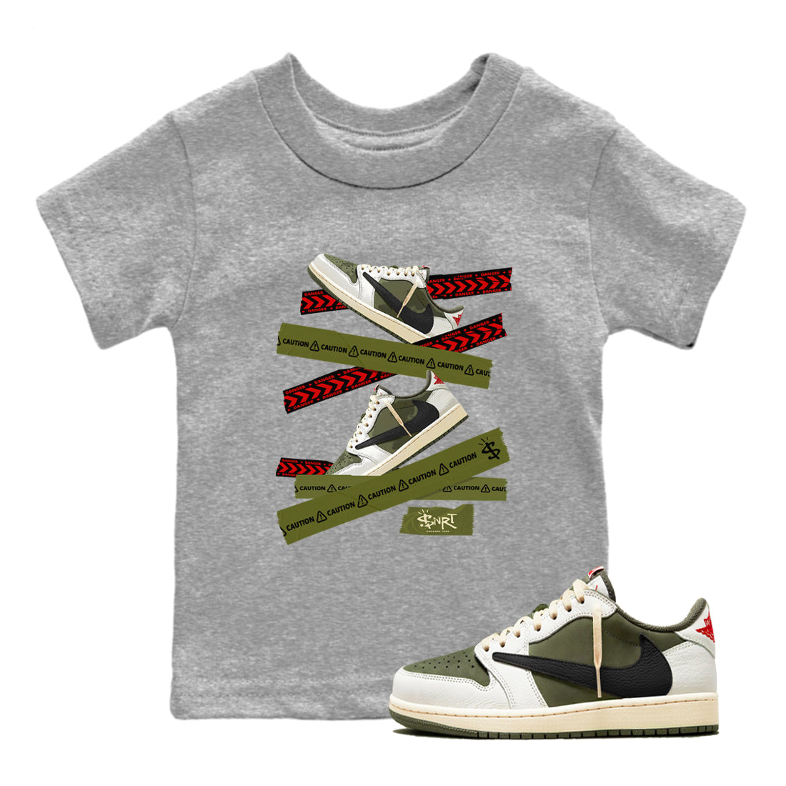 Caution Tape snkmatch Tees Kids - Air Jordan 1 Travis Scott Medium Olive