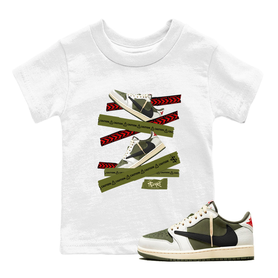 Caution Tape snkmatch Tees Kids - Air Jordan 1 Travis Scott Medium Olive