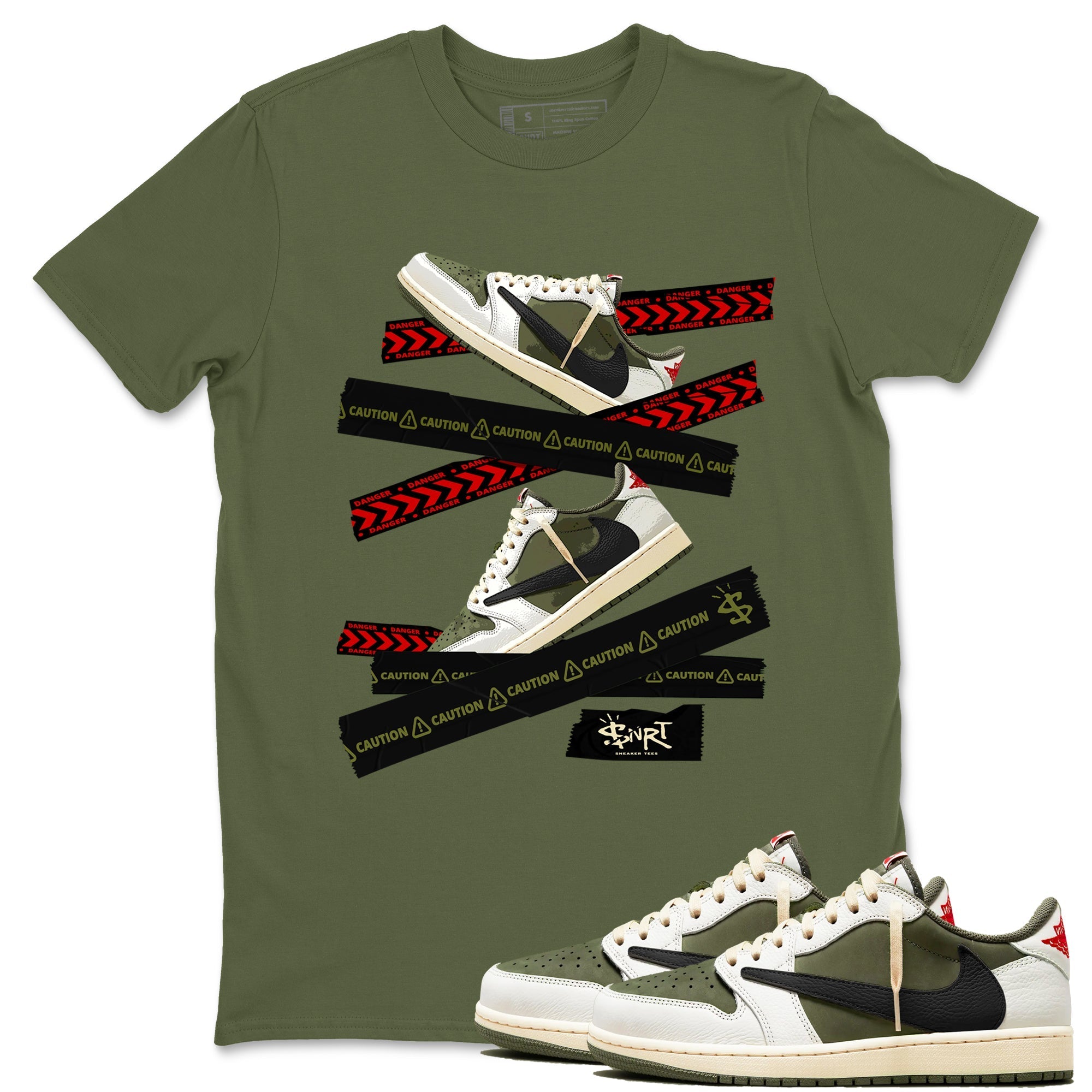 Caution Tape snkmatch Tees - Air Jordan 1 Travis Scott Medium Olive