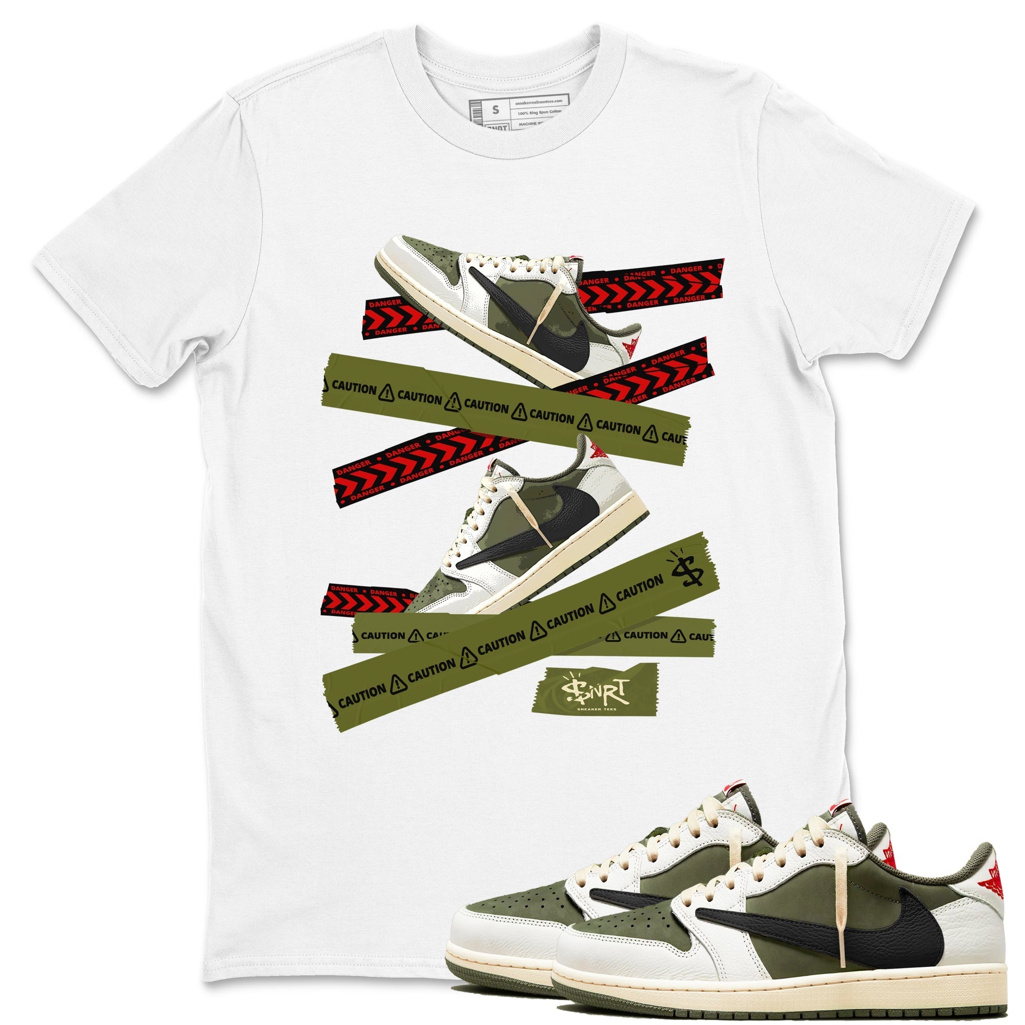 Caution Tape snkmatch Tees - Air Jordan 1 Travis Scott Medium Olive