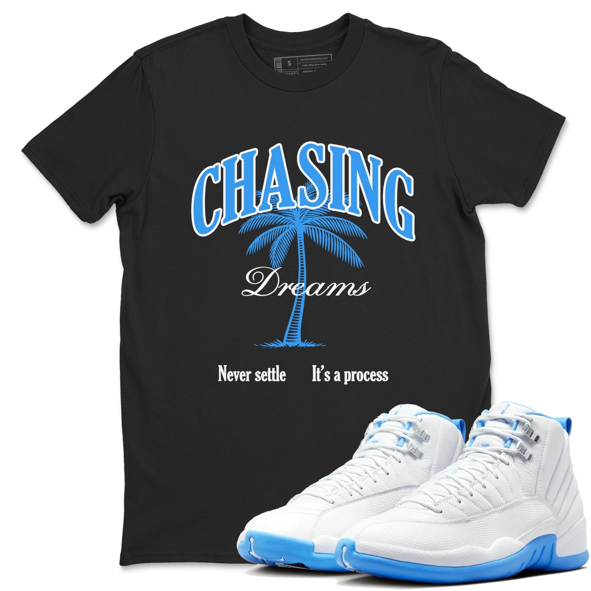 Chasing Dreams snkmatch Tees - Air Jordan 12 White and University Blue