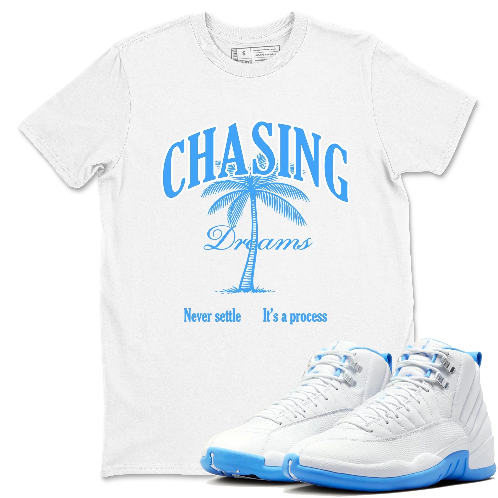 Chasing Dreams snkmatch Tees - Air Jordan 12 White and University Blue