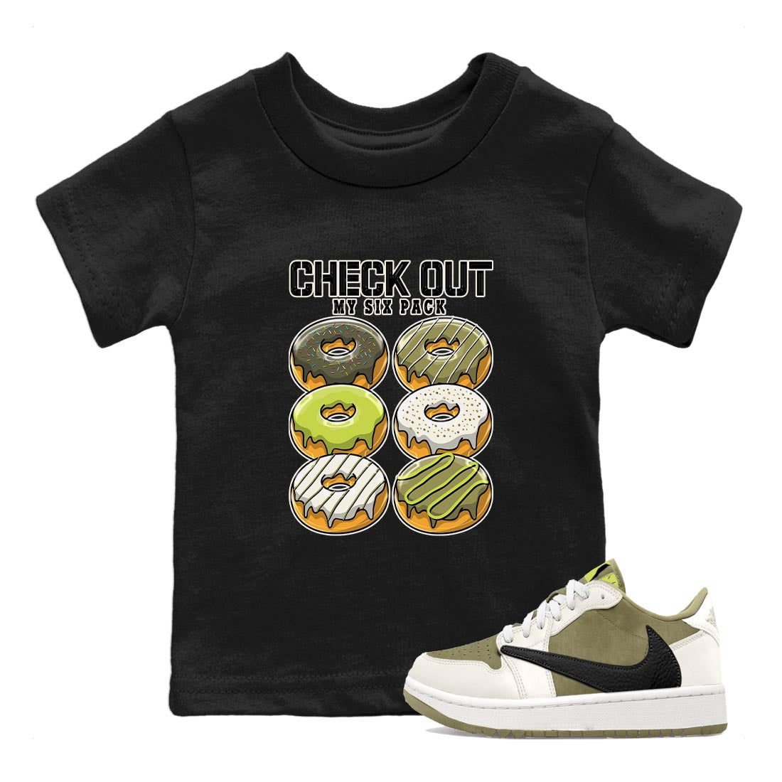 Check Out My Six Pack snkmatch Tee Kids - Air Jordan 1 Travis Scott Golf Olive