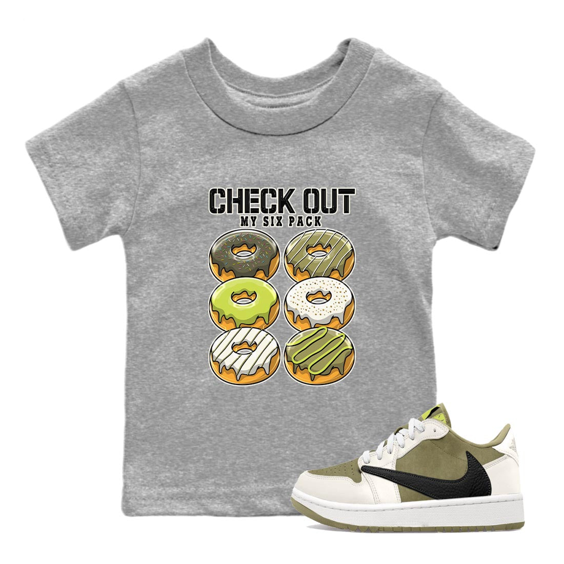 Check Out My Six Pack snkmatch Tee Kids - Air Jordan 1 Travis Scott Golf Olive