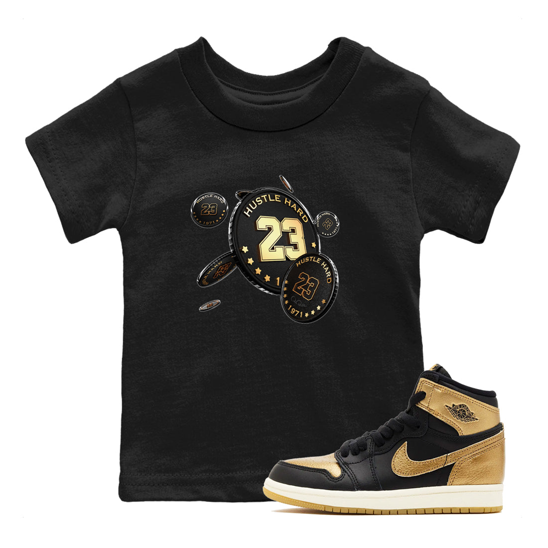 Coin Drop snkmatch Tees Kids - Air Jordan 1 Black Metallic Gold