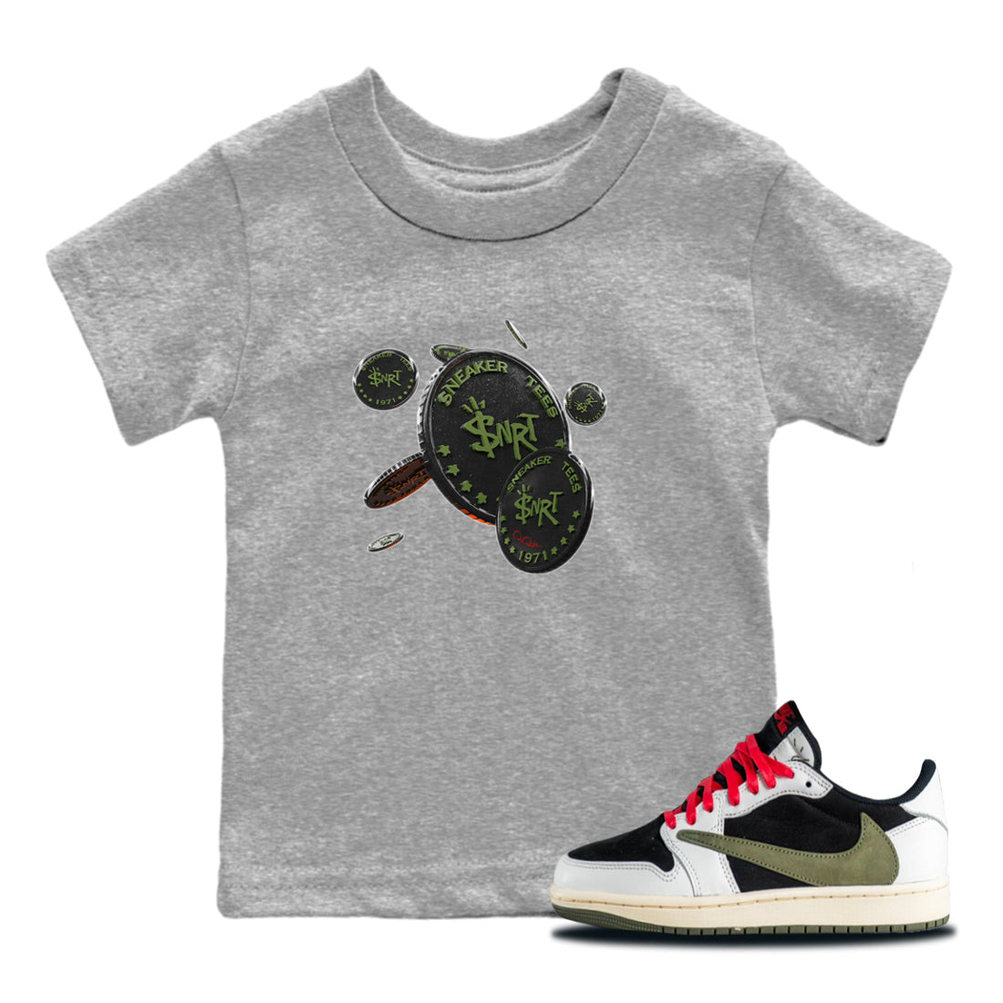 Coin Drop Kids Tops - Air Jordan 1 Travis Scott Olive