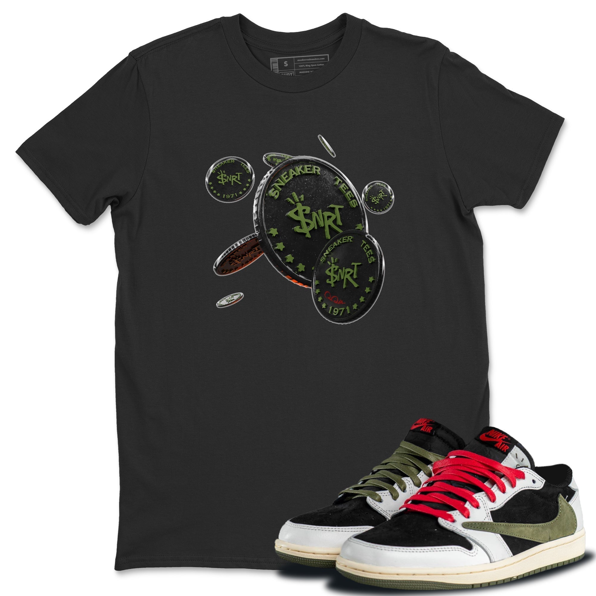 Coin Drop Unisex Tops - Air Jordan 1 Travis Scott Olive