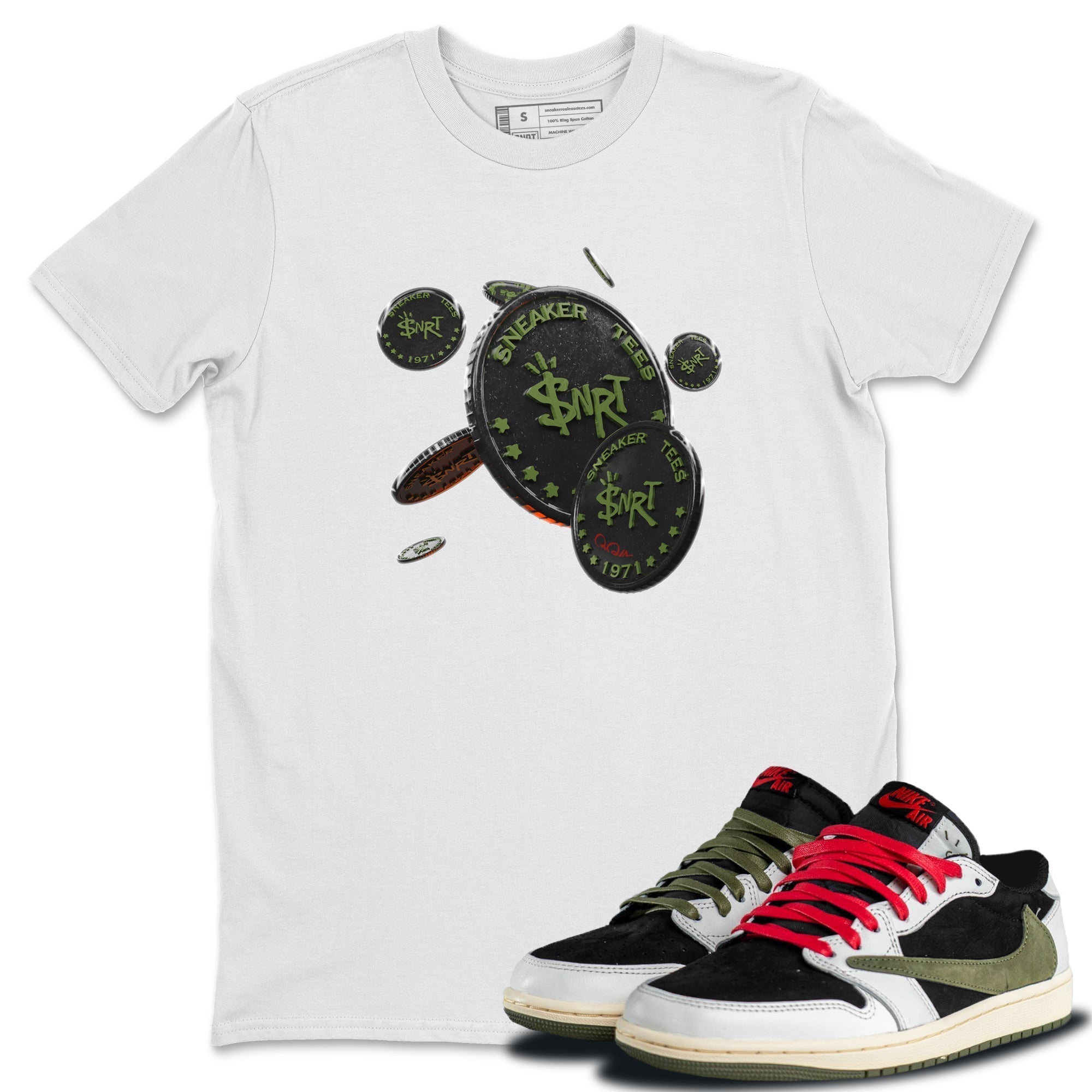 Coin Drop Unisex Tops - Air Jordan 1 Travis Scott Olive