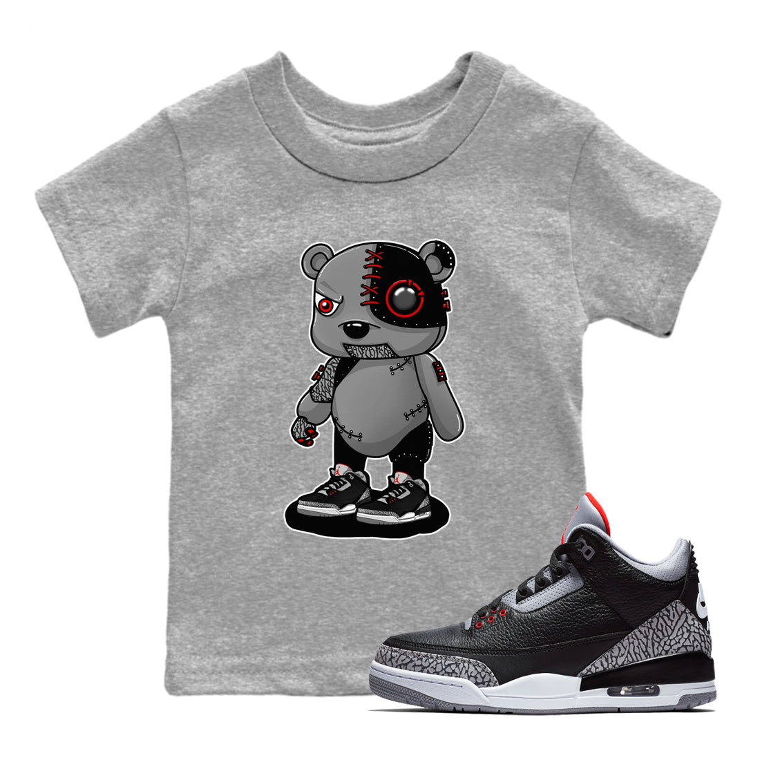 Cyborg Bear snkmatch Tees Kids - Air Jordan 3 Black Cement